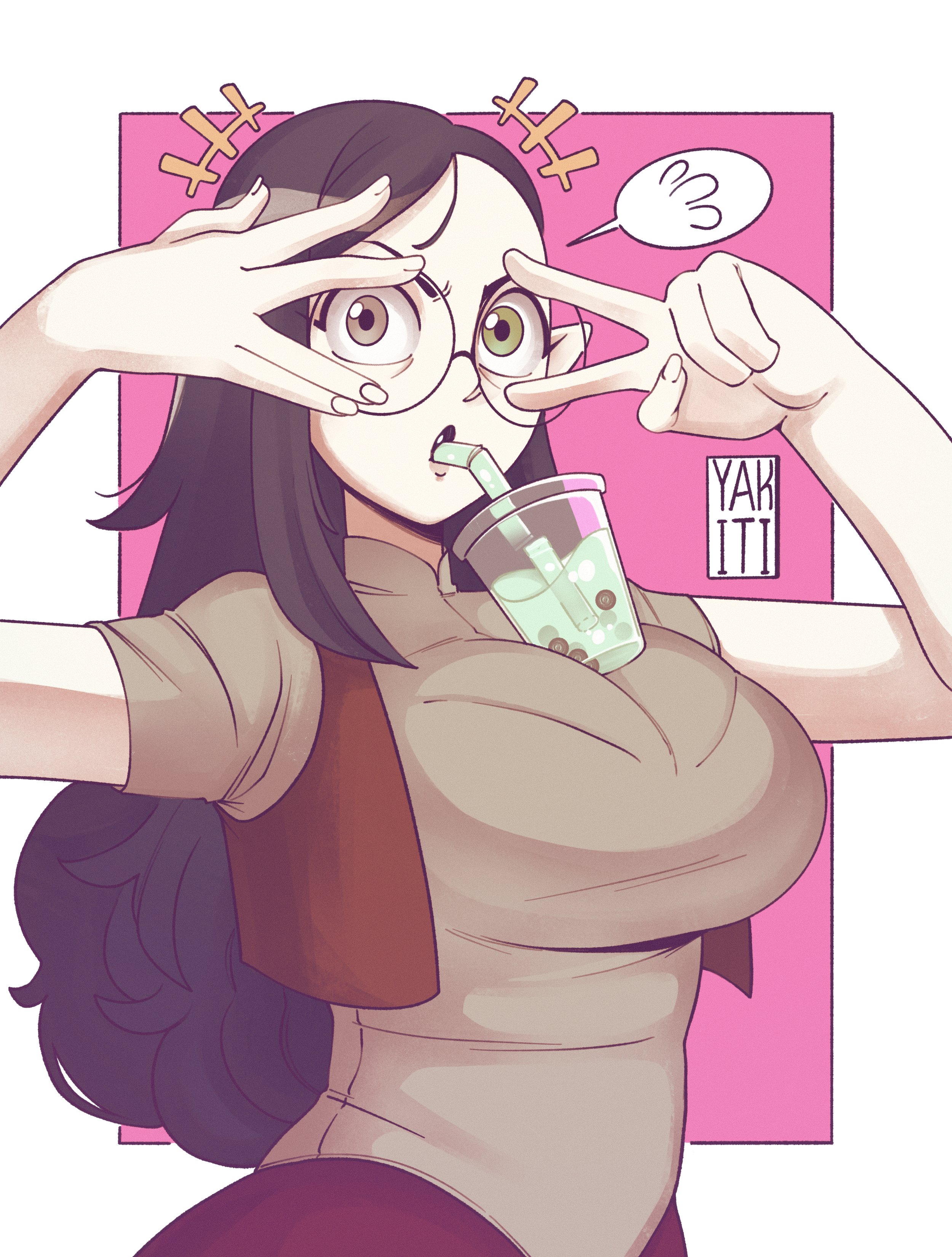 1girls, big breasts, breasts, cup, dark hair, disney, disney channel, disney xd, female, female focus, female only, glasses, hands in front, heterochromia, lilith clawthorne, lipstick, long hair, peace sign, round glasses, simple background, tagme, the owl house, tight clothing, yakiti