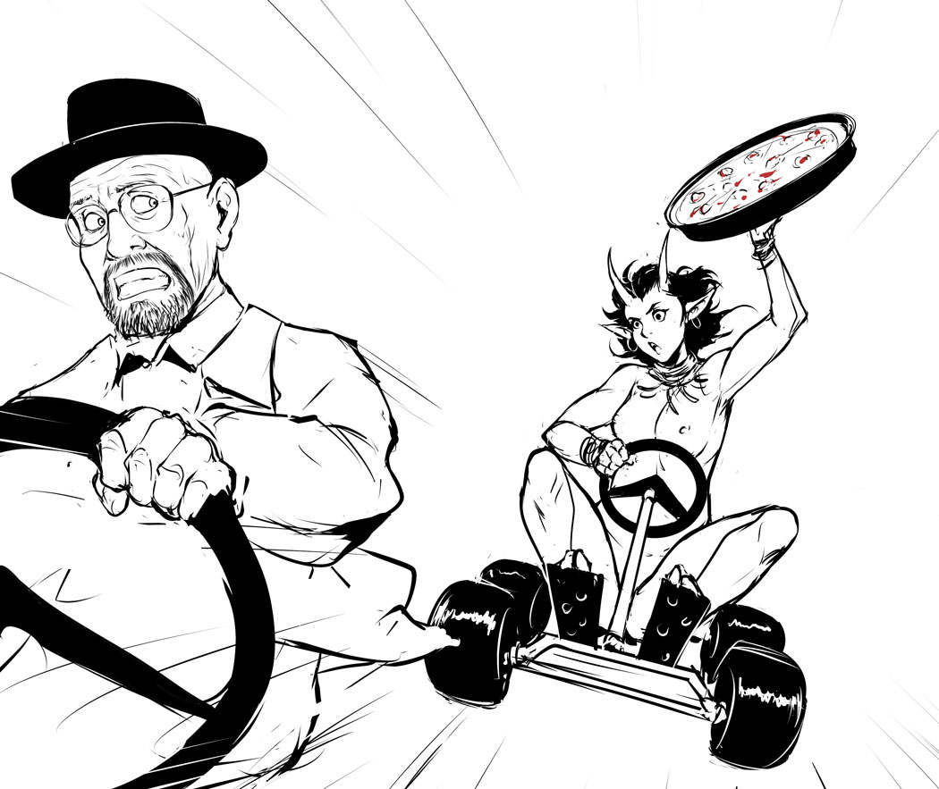 breaking_bad chasing crossover female funny izra mario_(series) mario_kart meme monochrome nintendo nipples nude nude_female pizza racing sketch topless topless_female walter_white