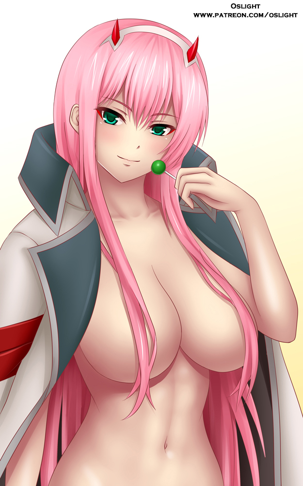 1girls big_breasts breasts darling_in_the_franxx eyelashes female female_only green_eyes hair_covering_breasts hair_over_breasts horns long_hair looking_at_viewer medium_breasts oslight pink_hair solo solo_female very_long_hair zero_two_(darling_in_the_franxx)