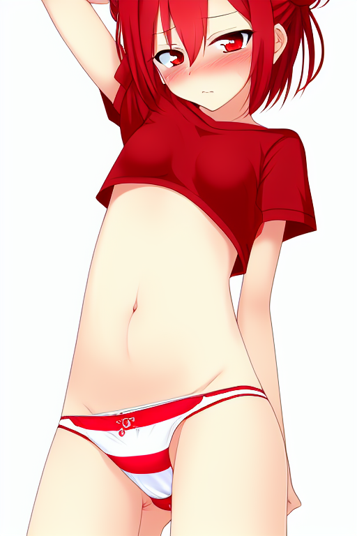 ai_generated almost_naked arched_back crop_top embarrassed hair_bun loose_clothes nai_diffusion posing shimapan small_shorts stable_diffusion striped_panties tylette_(narcissixtfear)