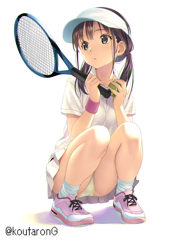 ankle_socks anklehighs koutarong panchira panchira_(squatting) panties pantyshot pantyshot_(squatting) shoes skirt socks squatting tennis_ball tennis_racket tennis_uniform white_background white_socks