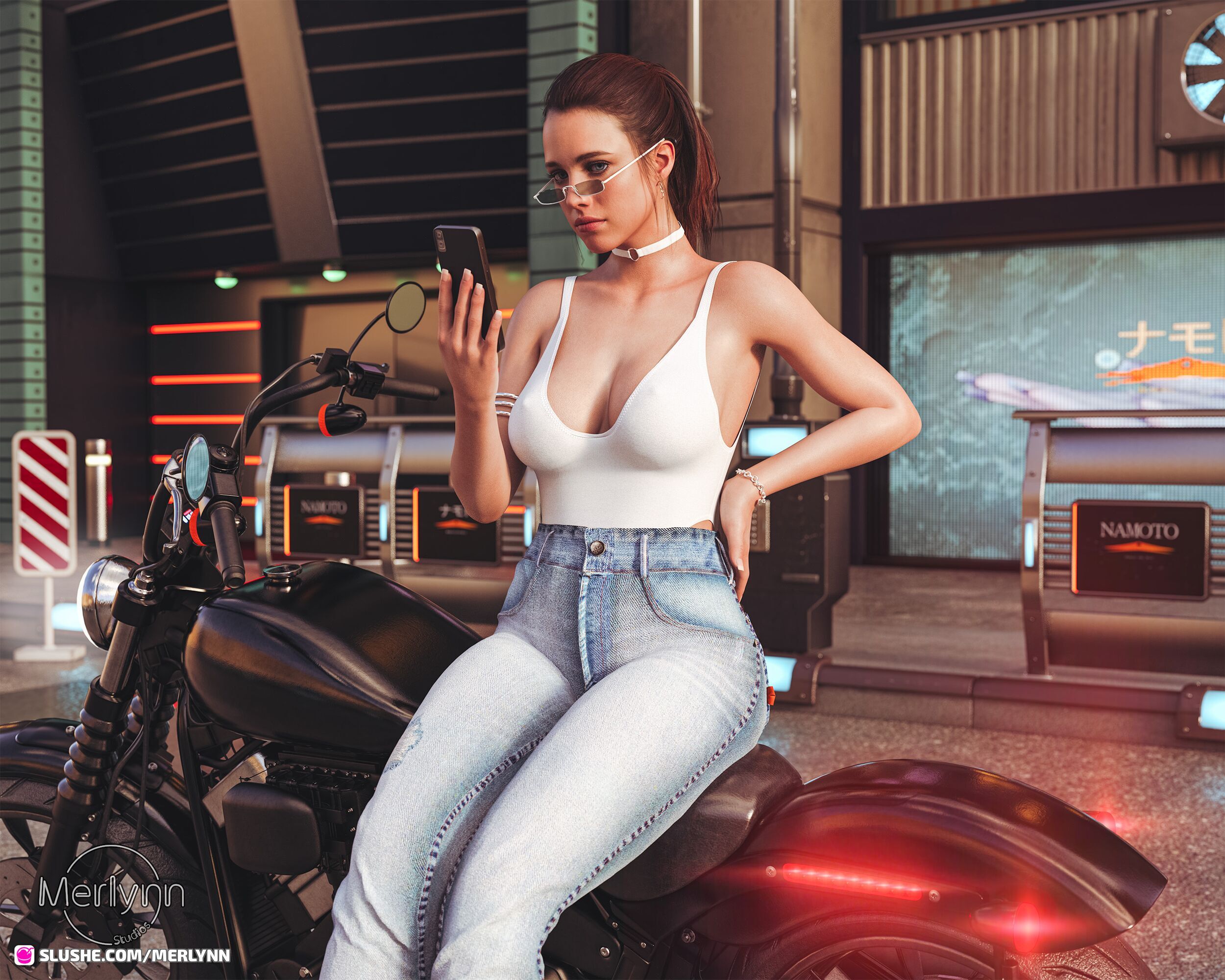 1girls, 3d, breasts, cleavage, daz3d, death stranding, earrings, female, french nails, highres, jeans, looking at viewer, looking over eyewear, looking over glasses, looking over sunglasses, mama (death stranding), margaret qualley, merlynn, motorcycle, phone, ponytail, slushe (website), sunglasses, tagme, tank top, tinted eyewear