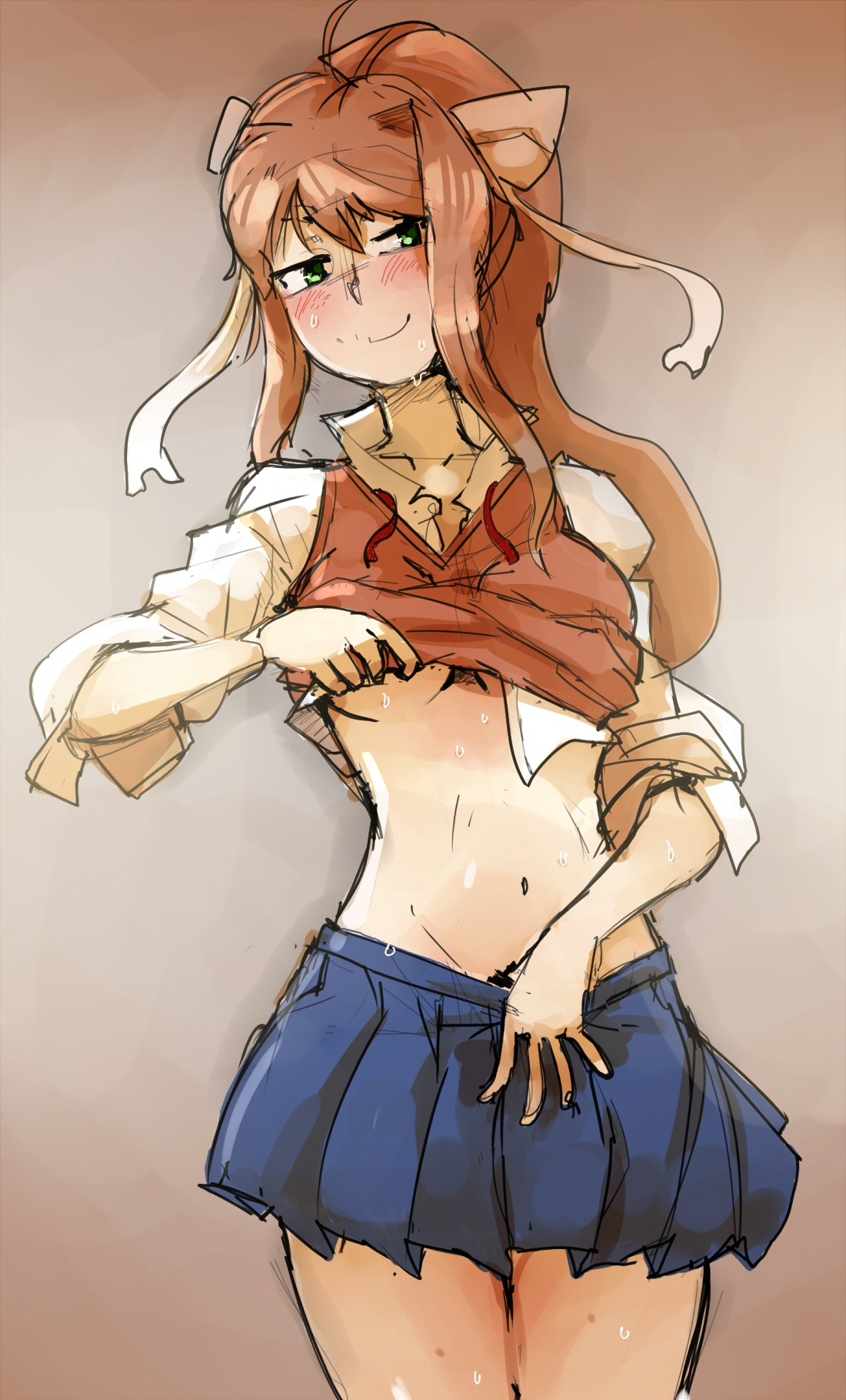 blue skirt, breasts, doki doki literature club, female, galaxy spark, gelidspace, green eyes, long hair, midriff, monika (doki doki literature club), skirt, sweat, teasing, underboob