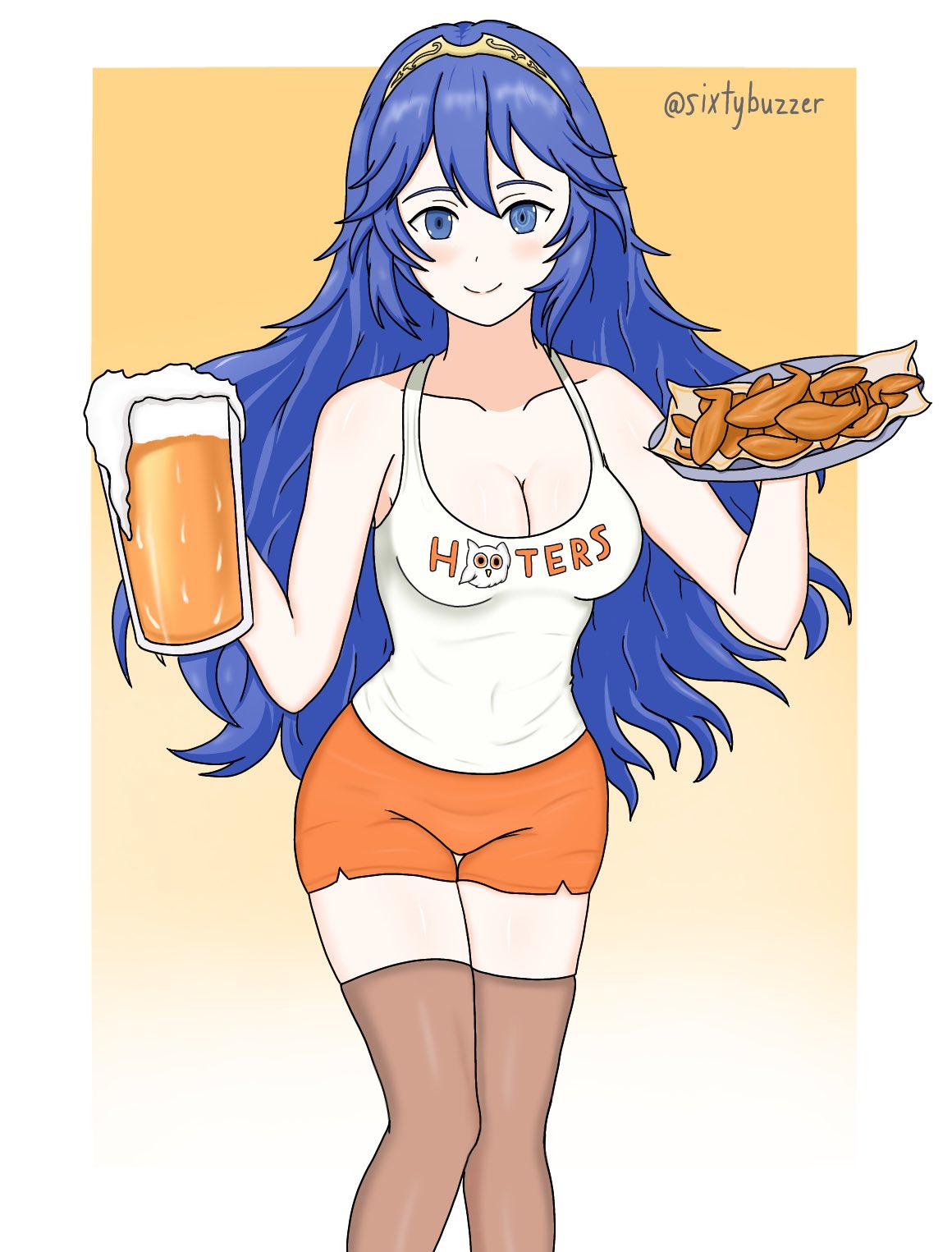 1girls alcohol alternate_costume bare_thighs beer beer_mug blue_eyes blue_hair breasts chicken_(food) cleavage commission drink female female_only fire_emblem fire_emblem_awakening food hooters long_hair looking_at_viewer lucina_(fire_emblem) medium_breasts mug nintendo plate shorts sixtybuzzer smile solo symbol-shaped_pupils thighhighs thighs tiara waitress