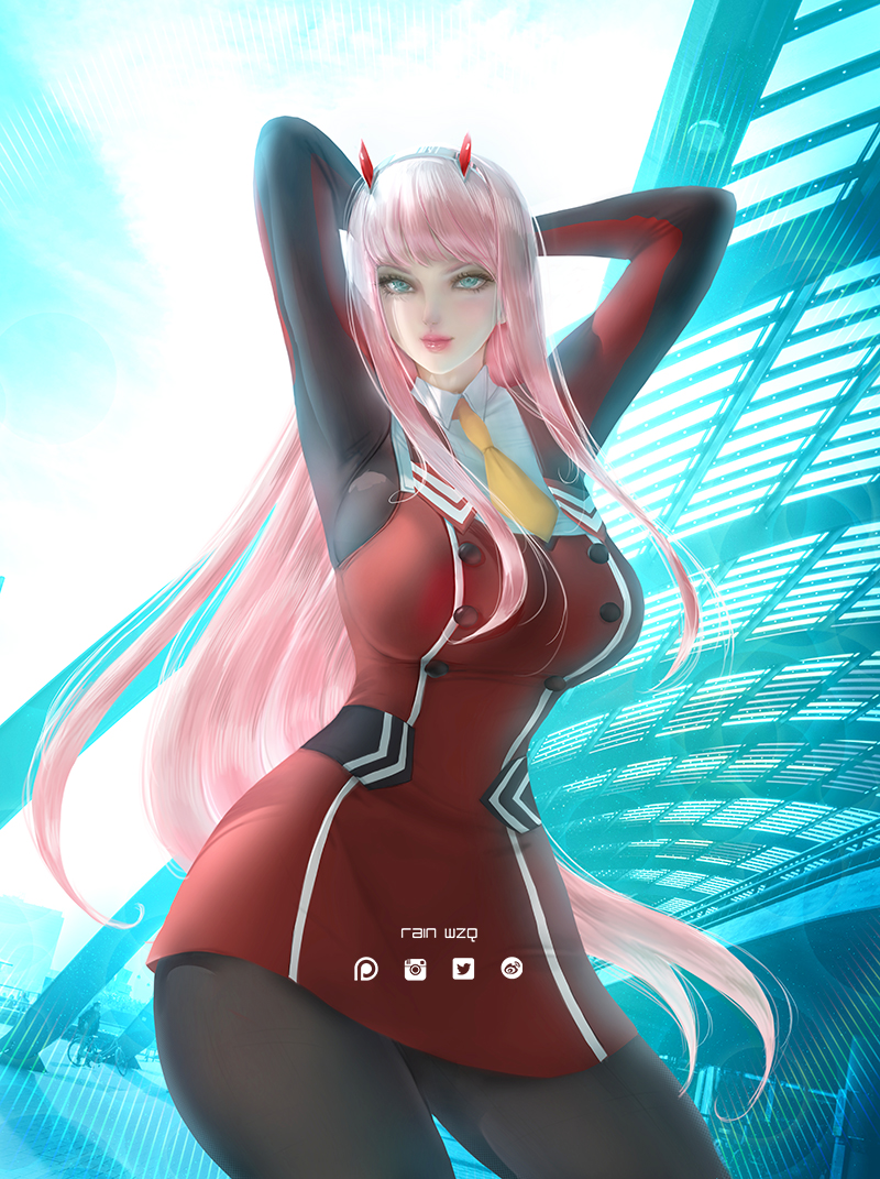 1girls big_breasts breasts darling_in_the_franxx eyelashes female female_only looking_at_viewer medium_breasts medium_hair rainwzq solo zero_two_(darling_in_the_franxx)