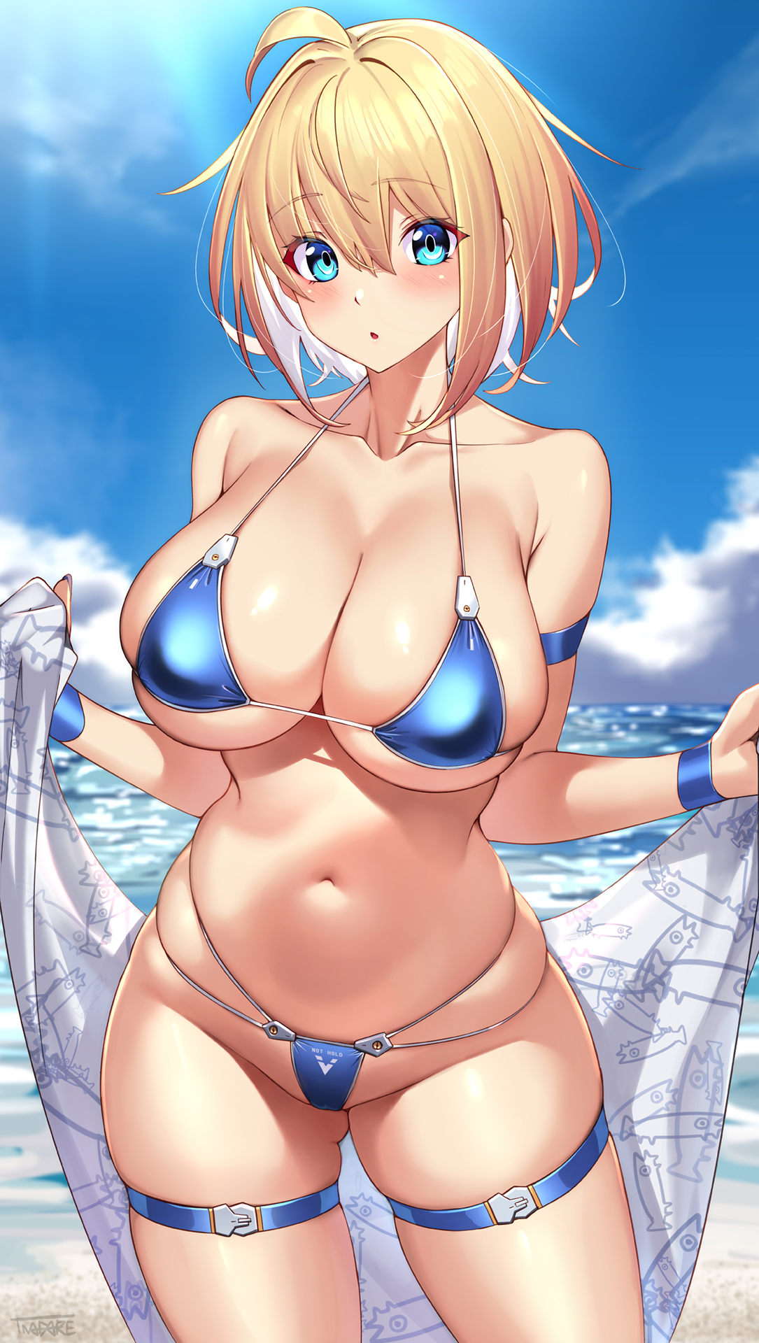 1girls, 2022, ahoge, arm strap, bangs, bare shoulders, beach, bikini, blonde hair, blue bikini, blue eyes, blue sky, blush, breasts, cleavage, cloud, collarbone, cowboy shot, day, female, female only, halterneck, highres, horizon, large breasts, looking at viewer, micro bikini, navel, ocean, original, outdoors, parted lips, shiny, shiny skin, short hair, sideboob, skindentation, sky, solo, solo female, sophia f shirring, swimsuit, takamine nadare, thigh strap, thighs, underboob, water