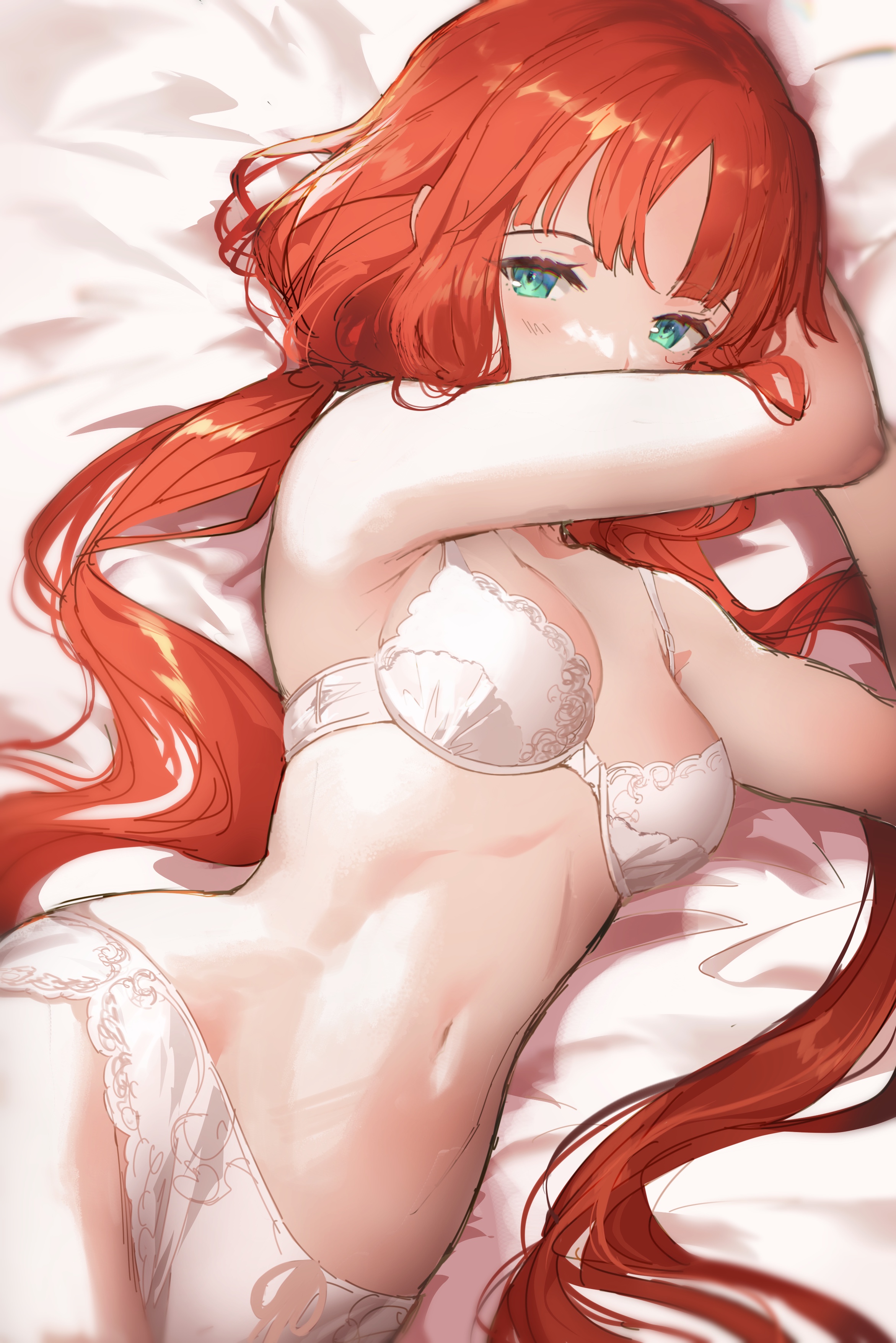 1girls, arms, bare shoulders, belly, blush, bra, breasts, cleavage, female, female only, genshin impact, highres, light skin, light-skinned female, looking at viewer, lying, medium breasts, middle eastern, middle eastern female, navel, nilou (genshin impact), on bed, on side, panties, red hair, salmon88, small breasts, solo, stomach, turquoise eyes, underwear, very long hair, white bra, white panties, white underwear