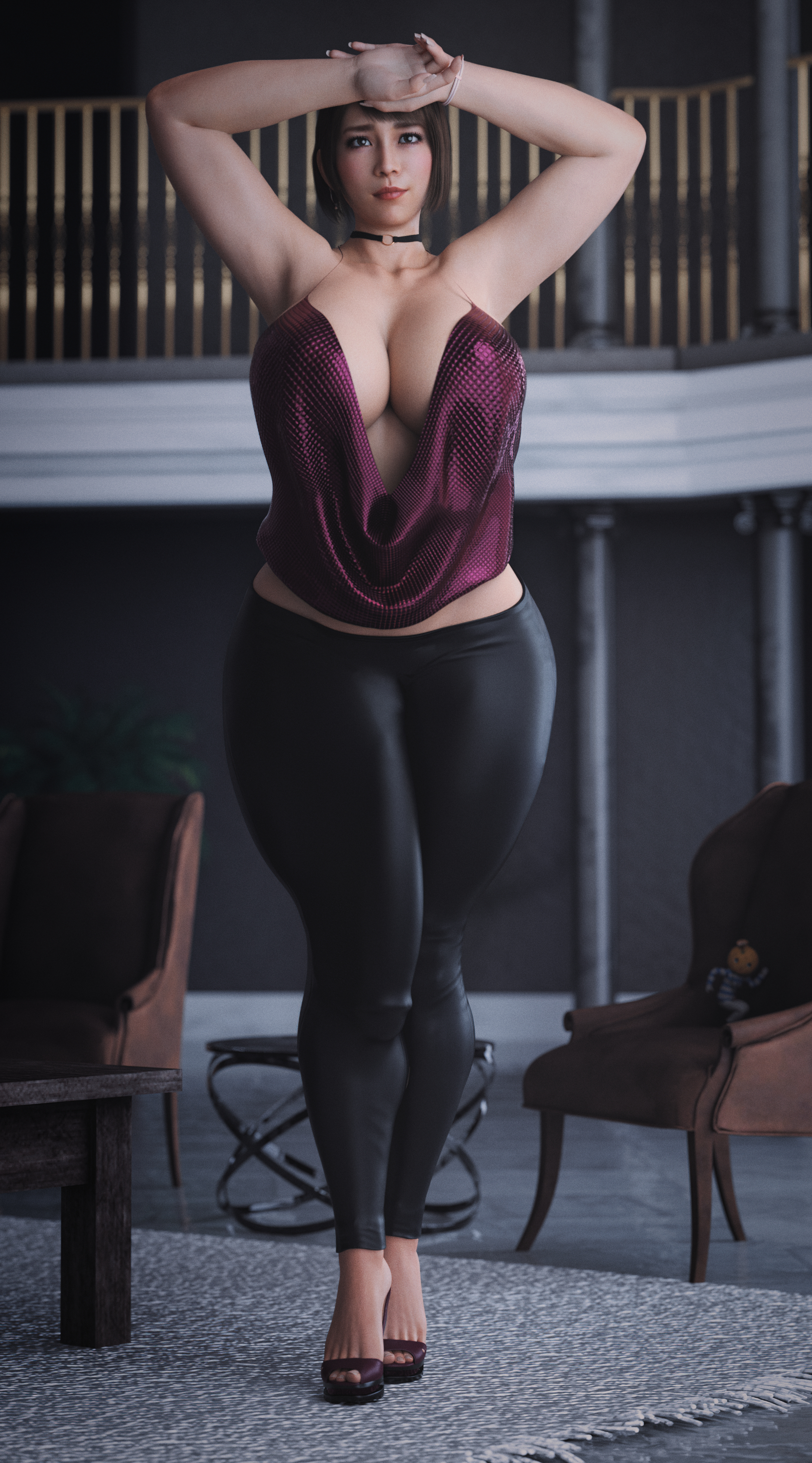1futa, 3d, breasts, bulge, bulge down leg, cameltail, dickgirl, flaccid, futa only, futanari, huge breasts, huge cock, hyper, hyper penis, intersex, looking at viewer, ono michio, penis, penis bulge, penis past knees, penis under clothes, ryuu ga gotoku, saeko mukouda, solo, stevencarson, thick thighs, wide hips