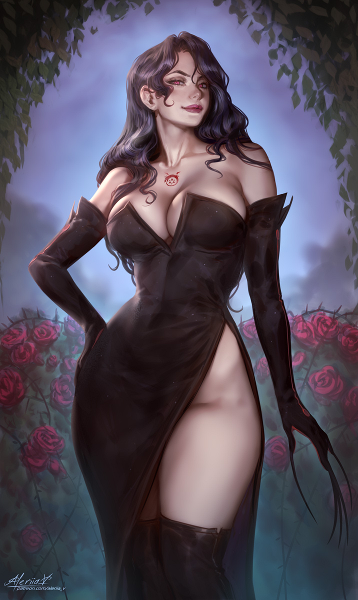 big_breasts black_dress black_hair clawed_fingers claws cleavage detailed_background dress elbow_gloves exposed_thighs fullmetal_alchemist garden high_slit_dress lerapi light-skinned_female light_skin lipstick lust_(fullmetal_alchemist) nature no_panties no_panties_under_dress pale-skinned_female red_eyes rose side_slit single_slit_dress slit_dress stockings tattoo