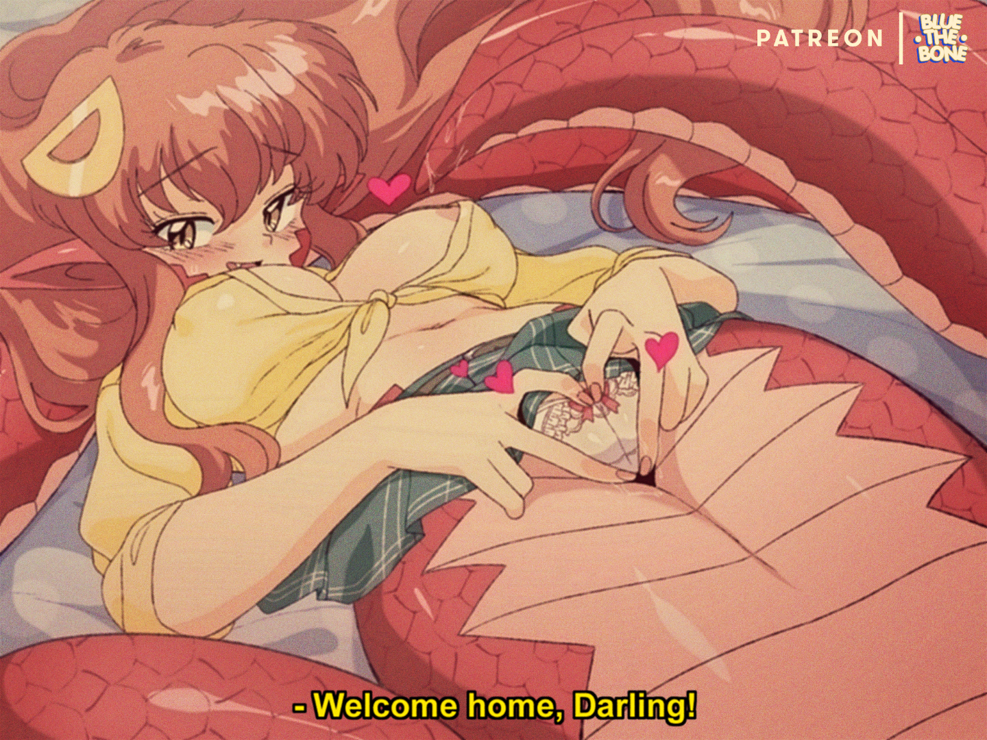 1girls, 2022, 4:3, areola slip, areolae, bluethebone, blush, bow panties, breasts, cameltoe, cleavage, english text, fangs, female, hair ornament, heart, lamia, long hair, looking at viewer, lying, miia (monster musume), monster girl, monster musume no iru nichijou, naga, navel, nipple slip, on back, painted nails, panties, pointy ears, presenting, pussy, red hair, retro artstyle, skirt, skirt lift, tagme, text, white panties, yellow eyes