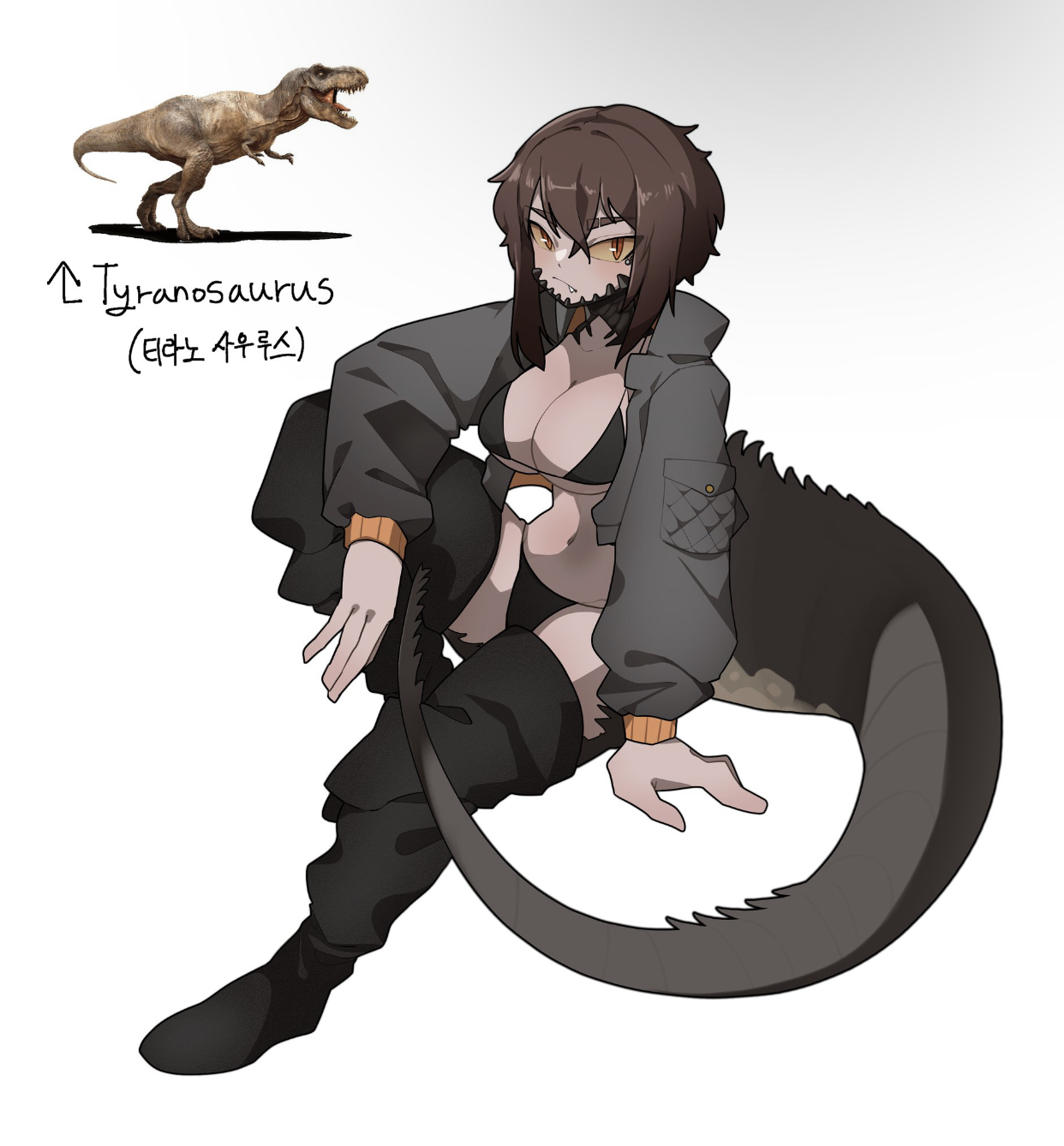 1girls, anthro, big breasts, bra, breasts, brown hair, dinosaur, dinosaur girl, dinosaur tail, female, humanized, jacket open, junkzero, lizard tail, orange eyes, panties, tyrannosaurus rex