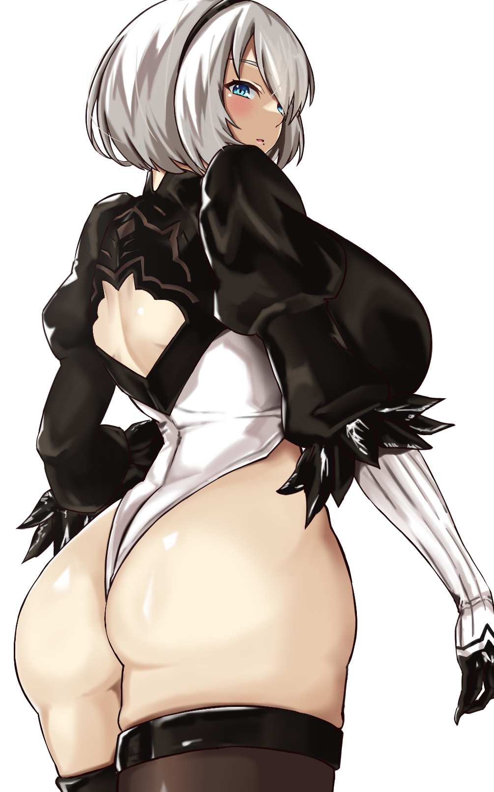 1girls android android_girl ass blue_eyes breasts female highleg_leotard hips hizakake huge_ass huge_breasts leotard light-skinned_female light_skin nier nier:_automata short_hair simple_background skindentation slim_waist thick_thighs thighhighs thighs white_background white_hair wide_hips yorha_2b