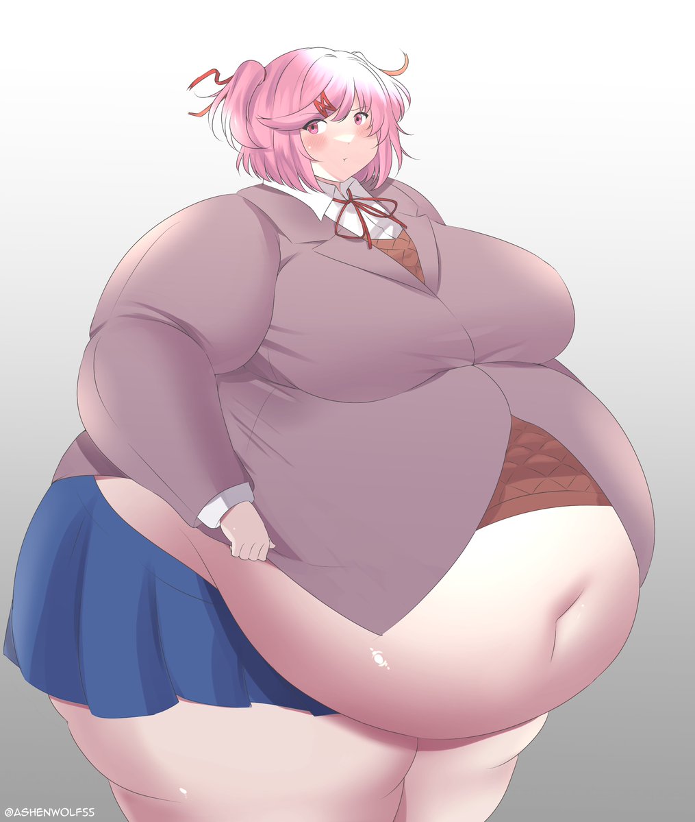 bbw, blue skirt, chubby, doki doki literature club, fat, female, giant belly, huge belly, hyper thighs, massive thighs, natsuki (doki doki literature club), obese, overweight, skirt, tagme, thick thighs, thunder thighs, weight gain