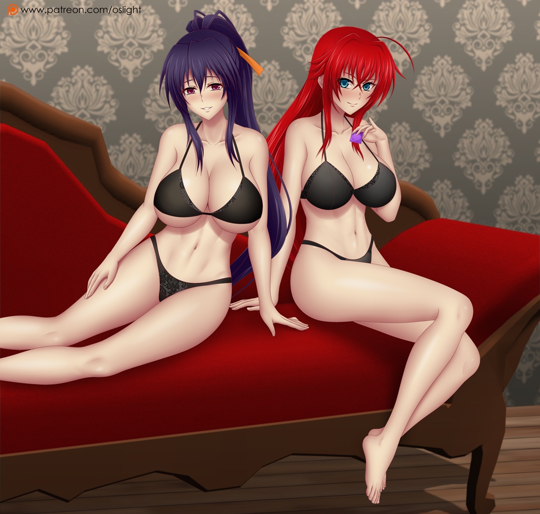 2girls, akeno himejima, big breasts, breasts, female, female ejaculation, female focus, female only, hair ribbon, high school dxd, legs apart, legs up, multiple girls, naked, nude, nude female, oslight, rias gremory, yuri