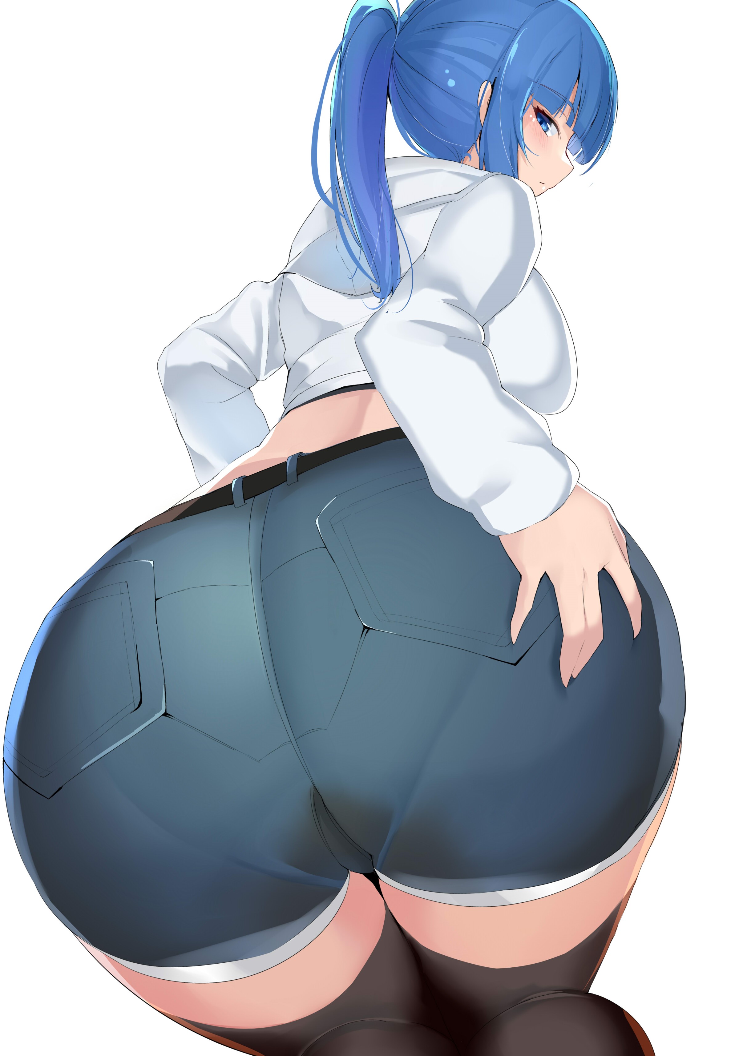 absurd res, absurdres, ass, ass focus, bangs, belt, bent over, black belt, black thighhighs, blue eyes, blue hair, blue shorts, blush, closed mouth, denim short shorts, denim shorts, disinterested, emotionless, emotionless female, female, from behind, hand on own ass, heavenly ass, highres, huge ass, indifference, indifferent, jean shorts, long hair, long sleeves, looking at viewer, looking back, maruyaa (malya1006), original, pantylines, ponytail, shorts, simple background, solo, teasing, teasing viewer, thighhighs, thighs, tomboy, unamused, unbothered, uncaring, unenthusiastic, watermark, white background