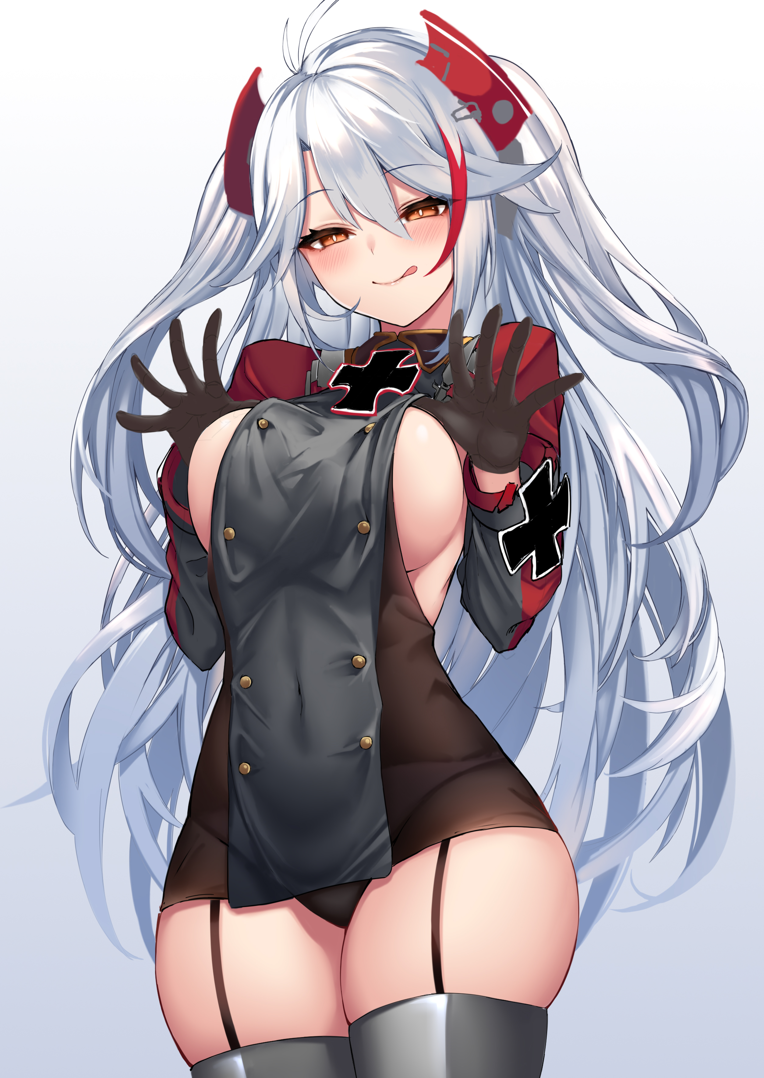 1girls, azur lane, bangs, bare shoulders, between breasts, big breasts, breasts, cleavage, female, nakatama kyou, prinz eugen (azur lane), pulling clothing, solo, uniform