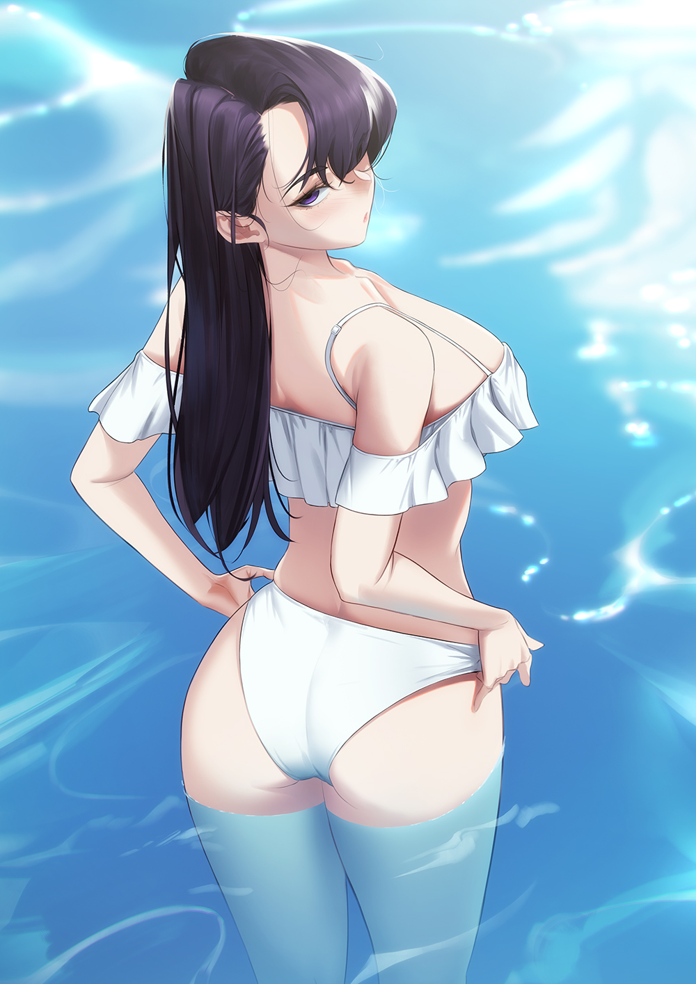 1girls 2022 ass bikini black_hair blueorca breasts female female female_only highres komi-san_wa_komyushou_desu komi_shouko large_breasts looking_at_viewer looking_back purple_eyes purple_hair solo solo_female swimsuit wading water white_bikini