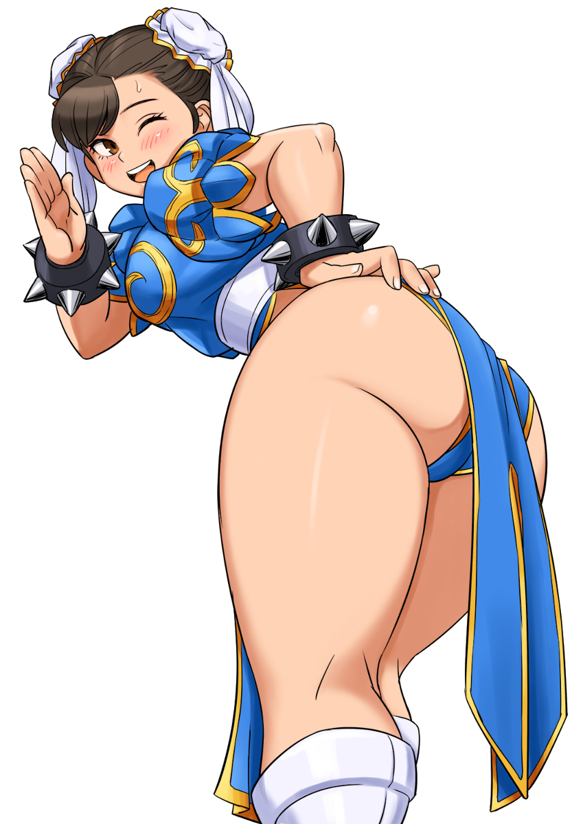 1girls ass blush brown_hair chun-li female female_only flirting_with_viewer looking_at_viewer no_legwear sash seductive shigenobu smile solo street_fighter tied wink