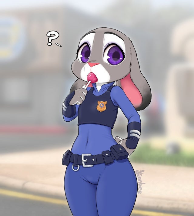 1girls ? anthro blurry_background clothed clothing disney female flat_chest form_fitting fur furry furry_only judy_hopps kionant lollipop petite purple_eyes question_mark rabbit solo source_request tagme tight_clothing zootopia