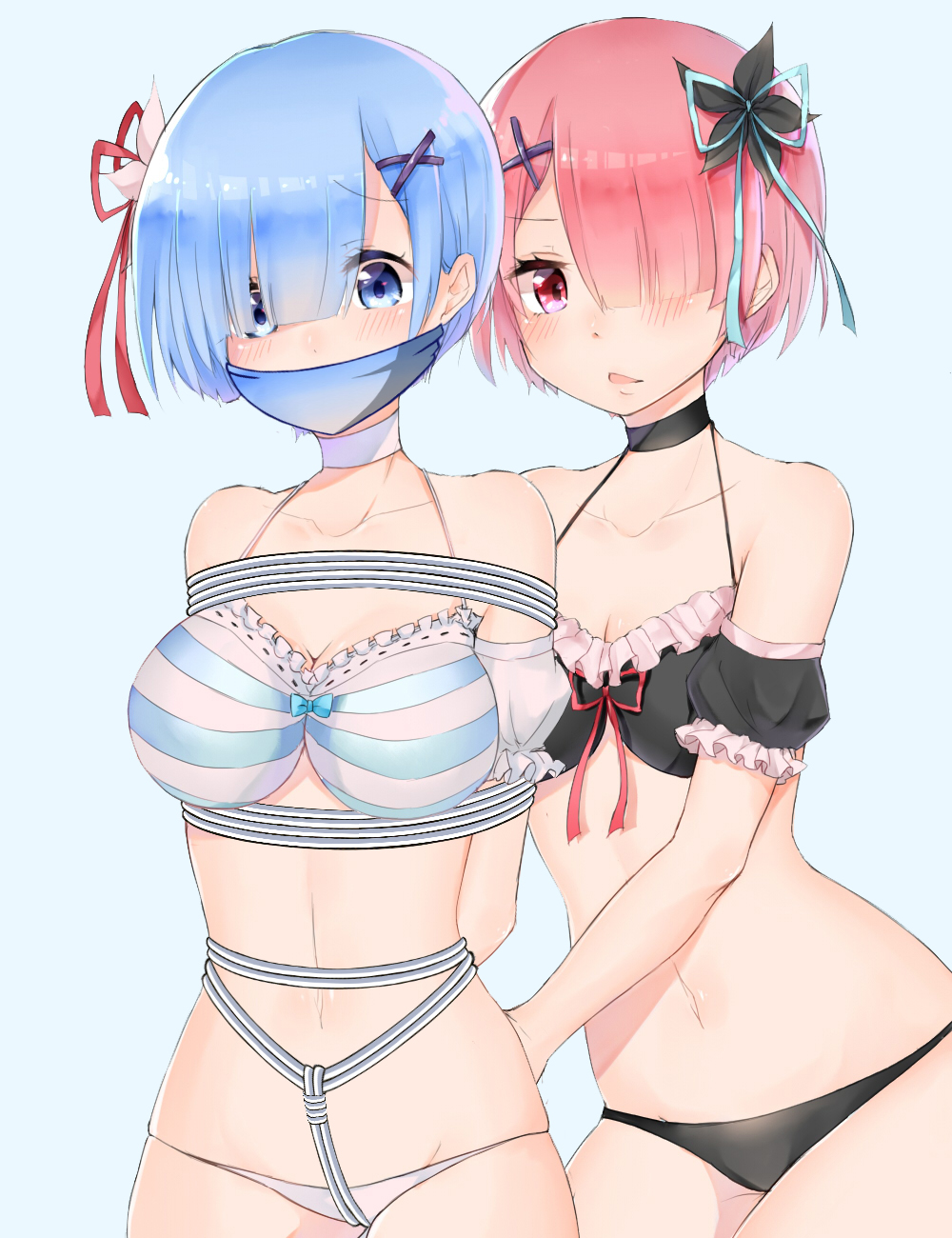 2girls, arms tied behind back, black bra, black choker, black panties, blue eyes, blue hair, bondage, bow bra, bra, breasts, choker, crotch rope, female, gag, hair ornament, hair over one eye, large breasts, medium breasts, midriff, multiple females, multiple girls, navel, over the mouth gag, panties, pink eyes, pink hair, ram (re:zero), re:zero kara hajimeru isekai seikatsu, rem (re:zero), rope, rope bondage, short hair, sisters, songokussjsannin8000, striped bra, tied up, white choker, white panties