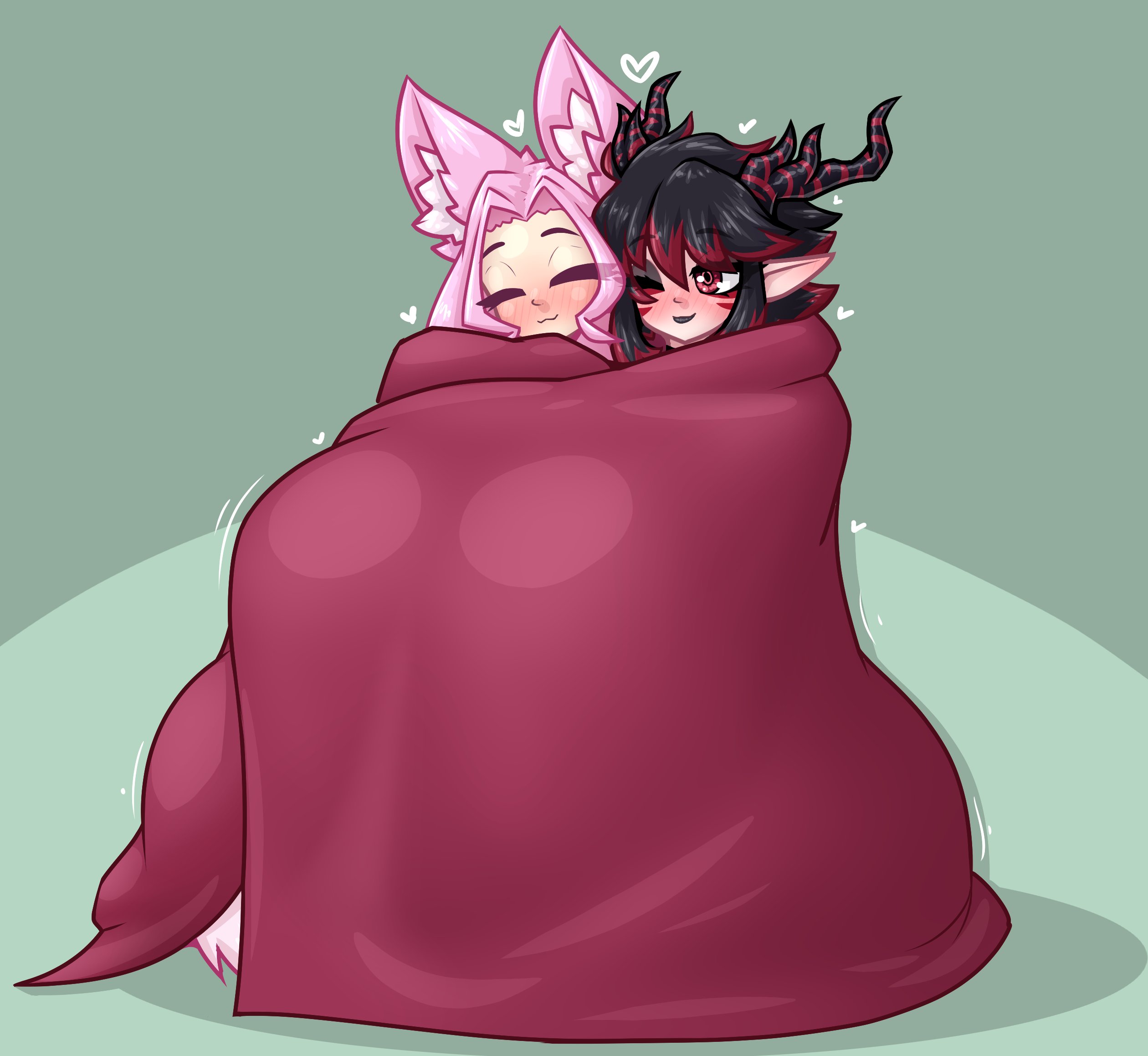 2girls, animal ears, big breasts, black hair, blanket, breasts, clothed, clothing, female, fully clothed, futanari, huge breasts, humanoid, illeana (limebreaker), intersex, kemonomimi, light skin, light-skinned female, limebreaker, original, pink hair, sitting, tagme