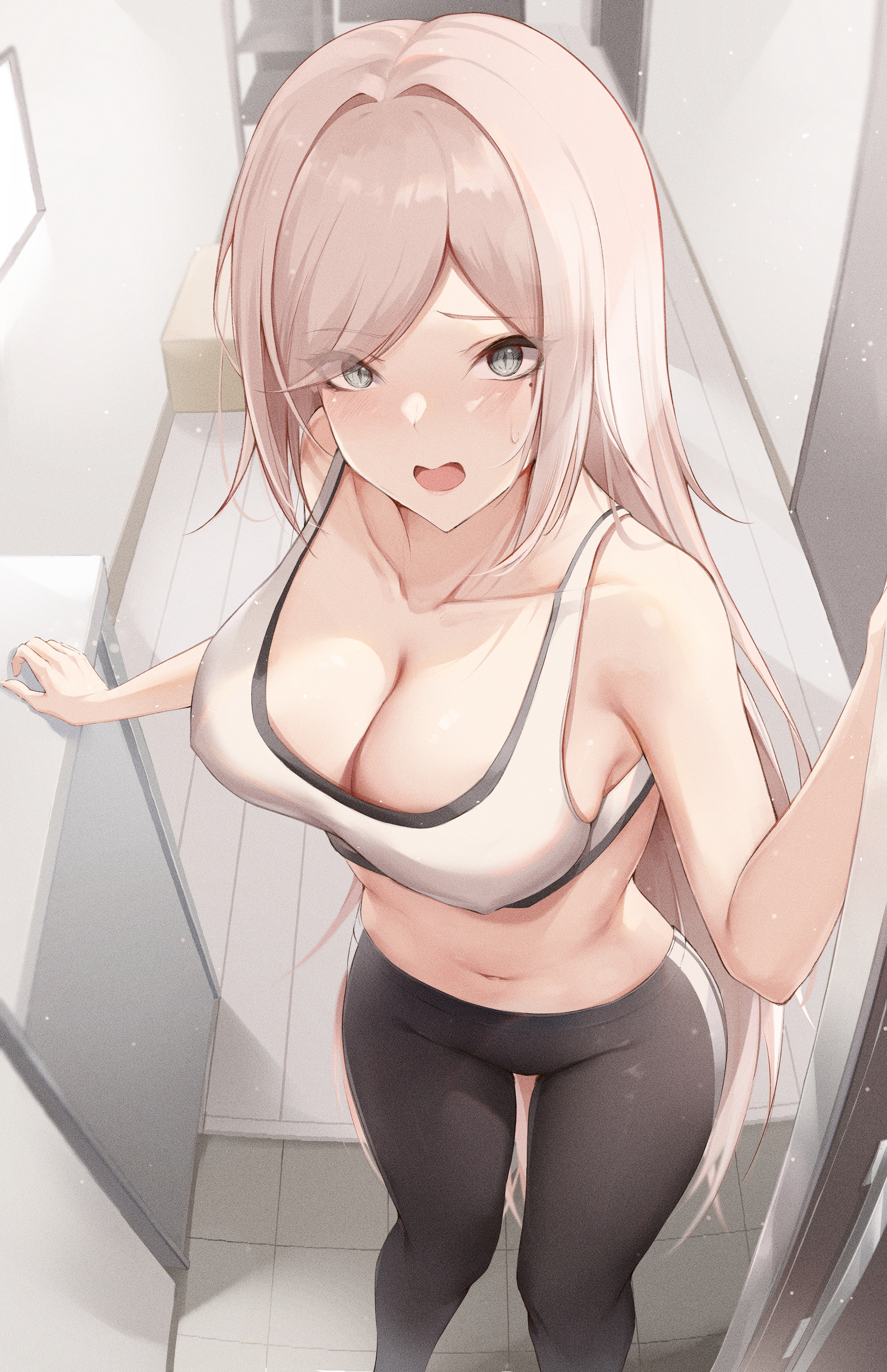 1girls, 2022, absurdres, bangs, blonde hair, blush, breasts, cleavage, female, female only, grey eyes, highres, kisaki oni, long hair, looking at viewer, mole, mole under eye, navel, open mouth, opening door, original, pants, solo, solo female, standing, sweatdrop, sweatpants, tank top