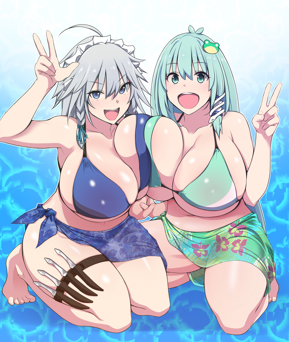 2girls, alternate breast size, asymmetrical docking, big breasts, bikini, blush, breasts, female, female only, green hair, large breasts, long hair, maid, maid headdress, otoufu (wddkq314band), peace sign, sakuya izayoi, sanae kochiya, short hair, silver hair, smile, swimsuit, tagme, touhou, yuri