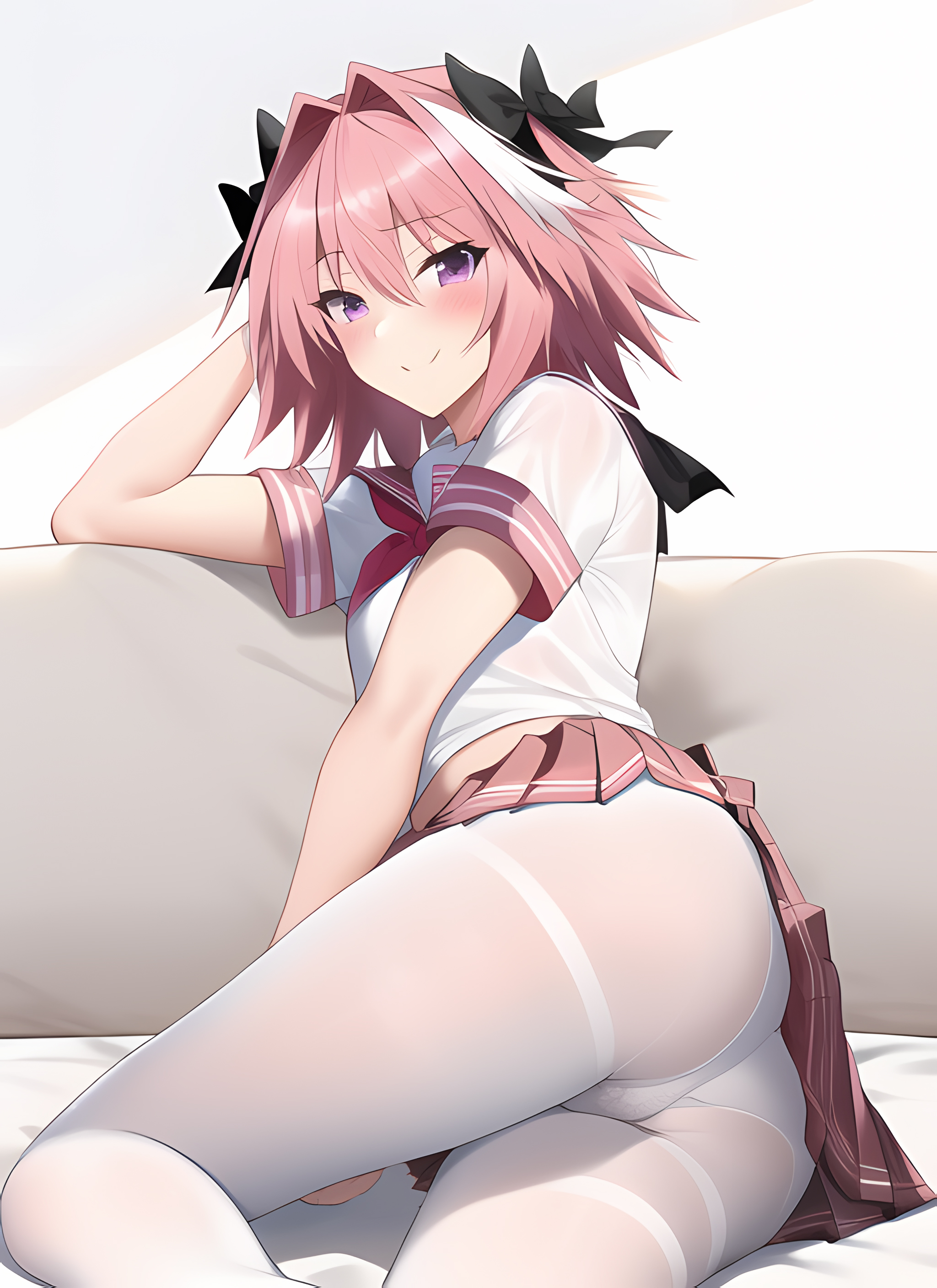 1boy, ai generated, ass, astolfo (fate), blush, canon crossdressing, crossdressing, eye contact, fate (series), fate/grand order, femboy, feminine male, fully clothed, girly, hair ribbon, light skin, looking at viewer, male, male only, nai diffusion, pantyhose, pink hair, purple eyes, skirt, smile, solo, stable diffusion