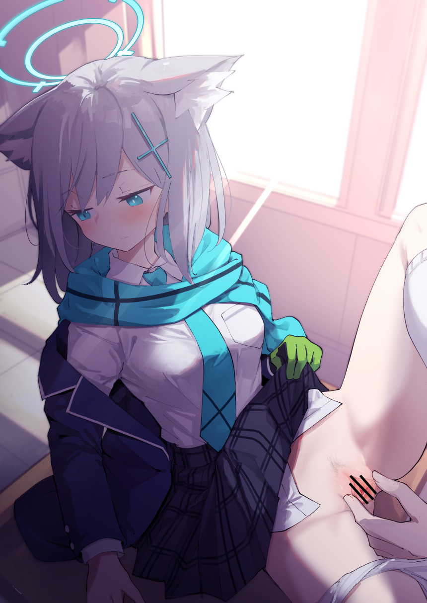 animal_ear_fluff animal_ears bangs bar_censor blue_archive blue_eyes blue_jacket blue_scarf blush breast_pocket breasts censored clothes_lift cross_hair_ornament extra_ears female female_pubic_hair gloves green_gloves grey_hair hair_ornament halo high-waist_skirt highres jacket kneehighs lifted_by_self looking_away medium_hair mishima_hiroji mismatched_pupils necktie open_clothes open_jacket panties panties_around_one_leg plaid plaid_skirt pleated_skirt pocket pubic_hair pussy scarf school_uniform shiroko_(blue_archive) shirt shirt_tucked_in single_glove skirt skirt_lift socks solo_focus spread_legs spread_pussy underwear white_shirt wolf_ears