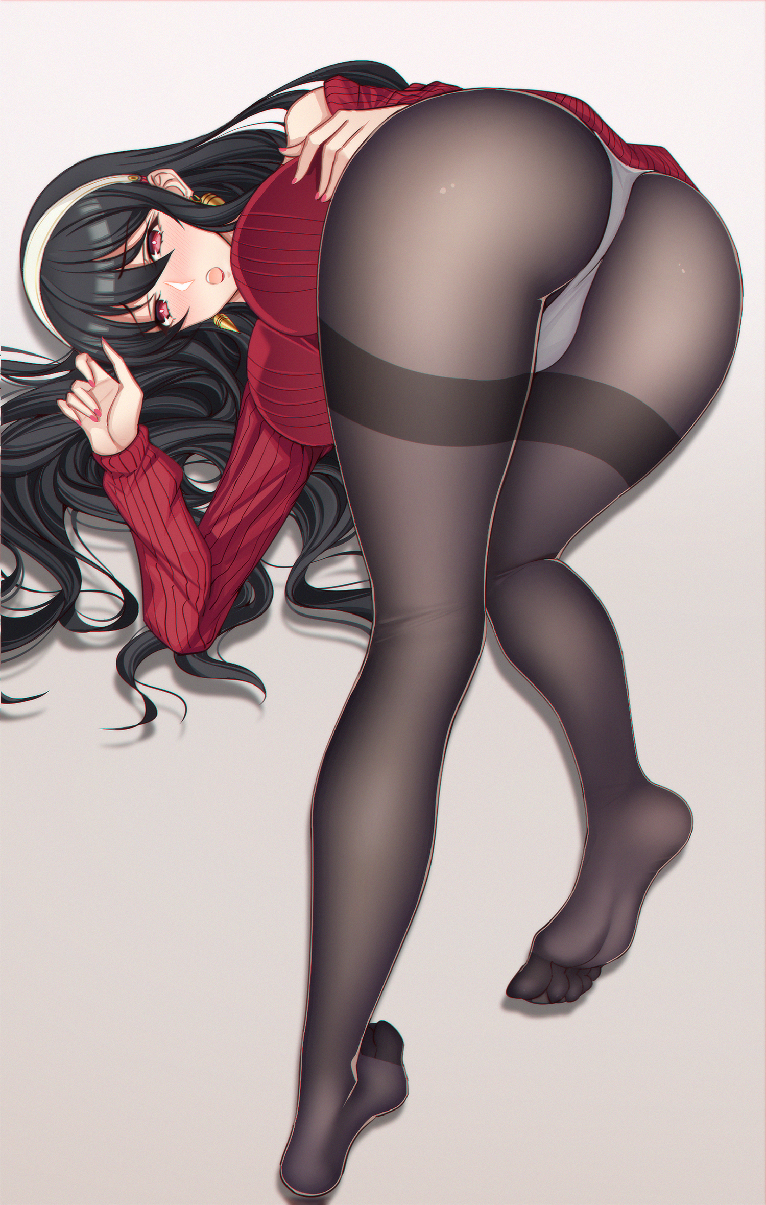 1girls, 2022, ass, ass focus, big breasts, black hair, black pantyhose, blush, breasts, dark hair, female, female only, headwear, long hair, looking at viewer, looking back, manna (pixiv8805037), mature, mature female, open mouth, panties, panties under pantyhose, pantyhose, red eyes, red sweater, simple background, solo, solo female, spy x family, sweater, sweater dress, thighs, white background, white panties, yor briar