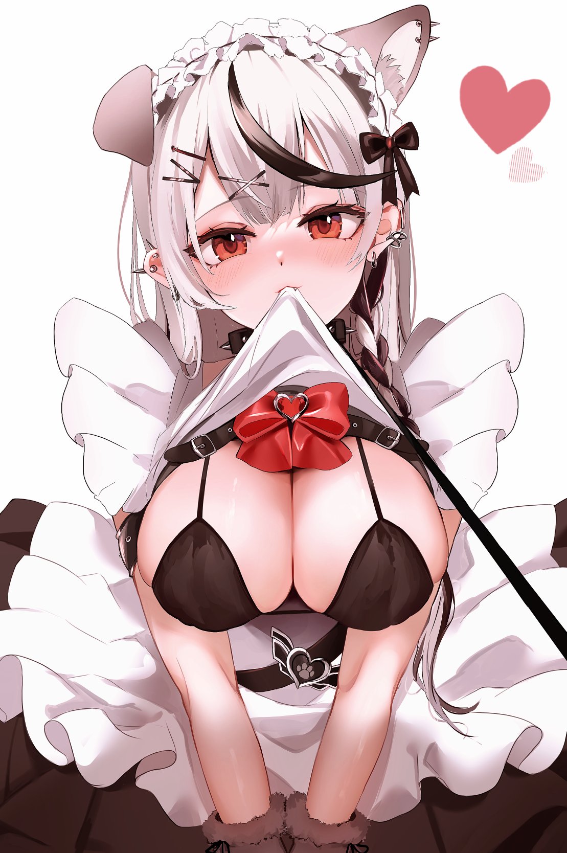 1girls, 2022, alternate costume, alternate version available, animal ear fluff, apron, aya02ka, bangs, black hair, blush, bow, bra, breasts, cleavage, clothes lift, collar, dress, enmaided, female, female only, frills, gloves, grey hair, hair ornament, heart, highres, hololive, hololive japan, holox, large breasts, leash, lifted by self, looking at viewer, maid, maid apron, maid headdress, multicolored hair, puffy sleeves, red eyes, sakamata chloe, solo, solo female, spiked collar, spikes, streaked hair, underwear, viewer holding leash, virtual youtuber, x hair ornament