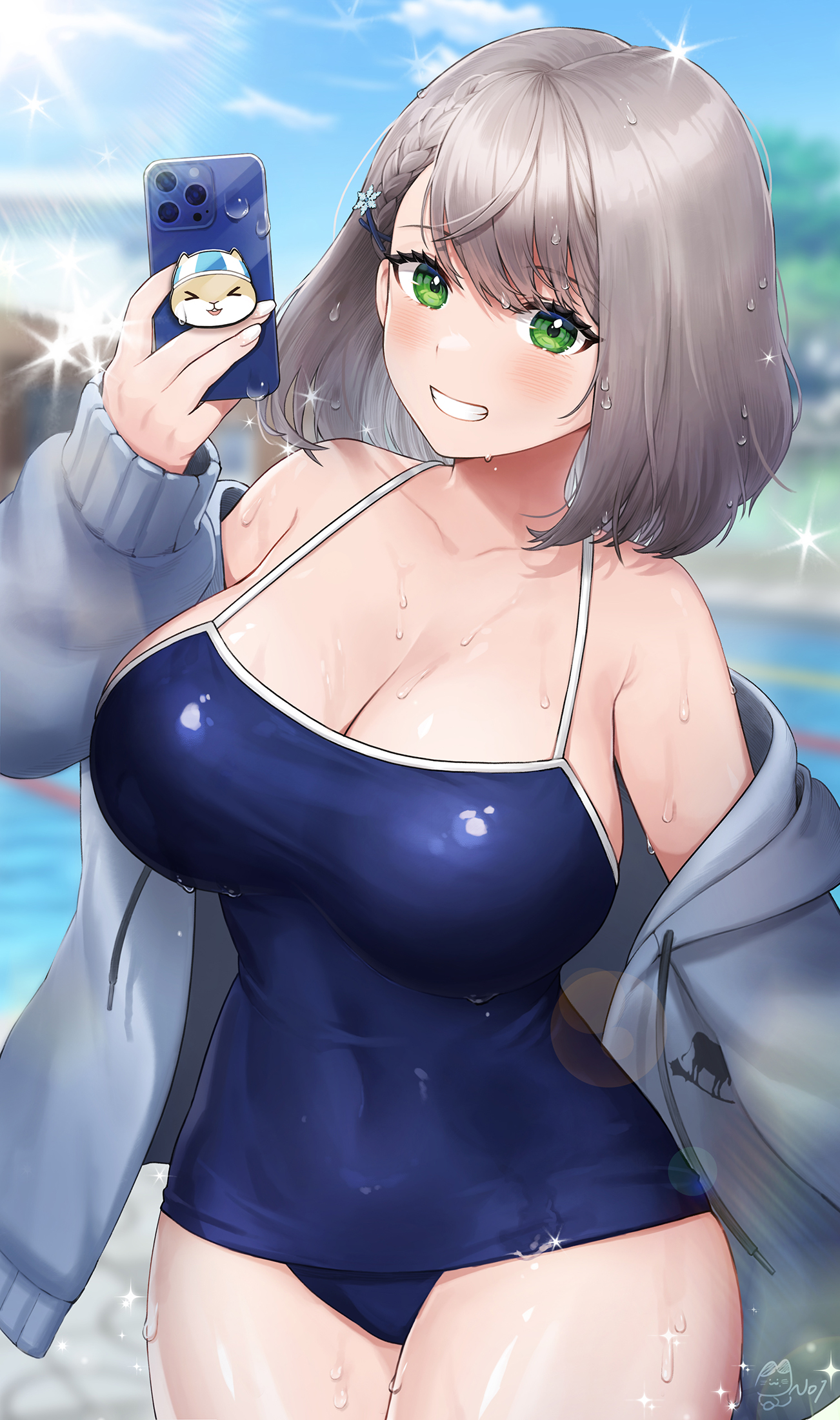 1girls, 2022, bangs, blue one-piece swimsuit, blue sky, blush, braid, breasts, cellphone, cleavage, cloud, covered navel, cowboy shot, day, female, green eyes, grey hair, grey jacket, grin, hand up, highres, holding, holding phone, hololive, hololive fantasy, hololive japan, jacket, large breasts, long sleeves, looking at viewer, noixen, off shoulder, one-piece swimsuit, open clothes, open jacket, outdoors, phone, pop (shirogane noel), shirogane noel, short hair, sky, smartphone, smile, solo, standing, swimsuit, virtual youtuber, wet