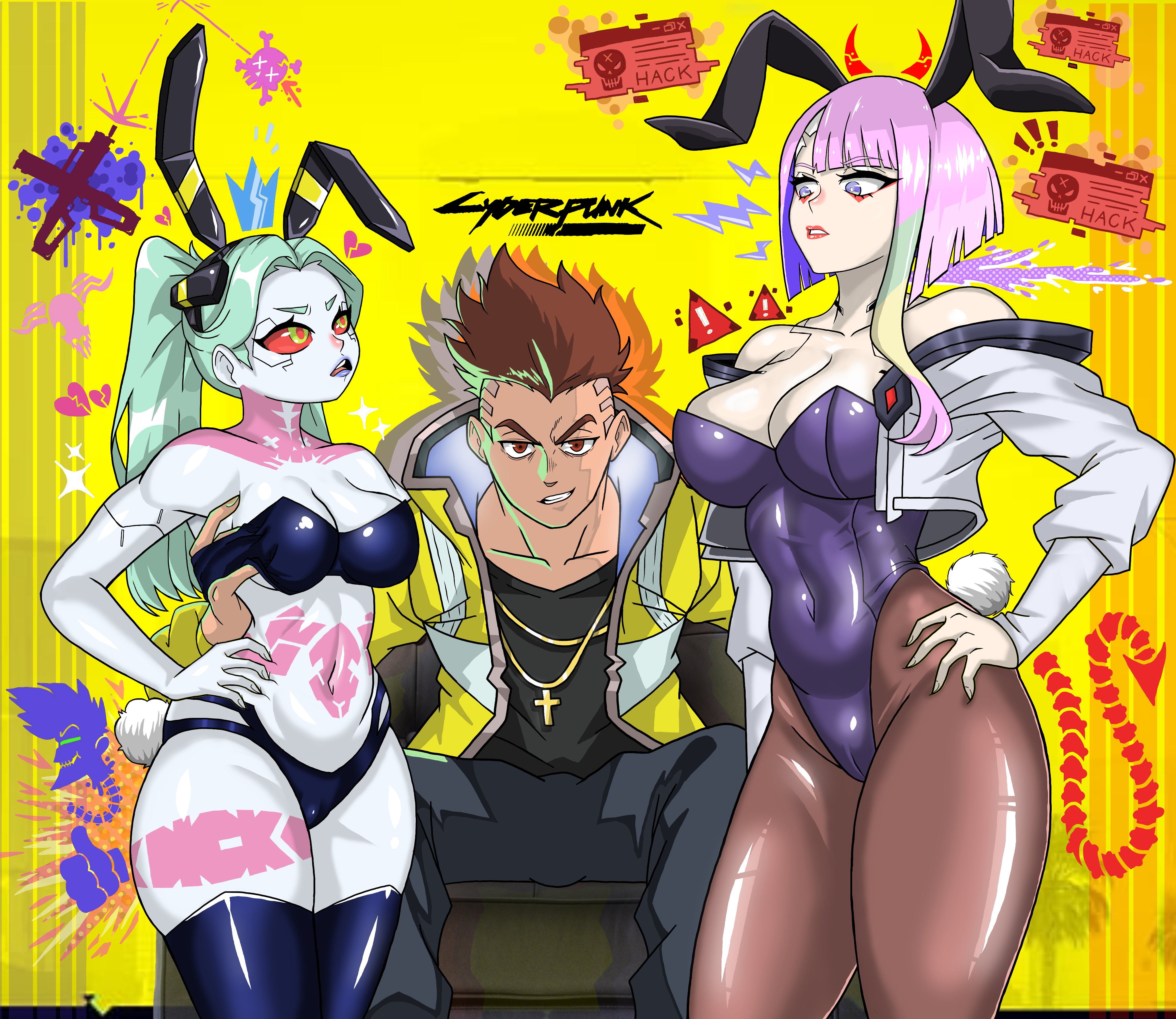 1boy, 2girls, ass, big ass, big breasts, breasts, bunny ears, bunnysuit, catfight, cd projekt red, clothing, cyberpunk 2077, cyberpunk: edgerunners, david martinez (edgerunners), female, female focus, human, jacket, light skin, light-skinned female, lucyna kushinada, male, netflix, outerwear, pale skin, rebecca (edgerunners), staredown, studio trigger, thick thighs, troymaheza