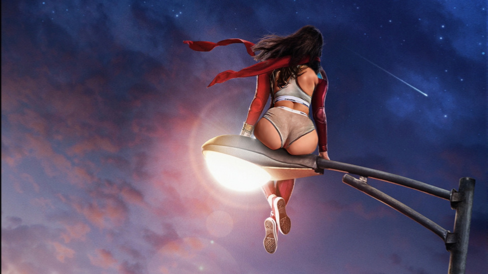 1girls, 3d, ass, ass focus, big ass, big butt, calvin klein, converse, curvaceous, female, female only, full body, heroine, iman vellani, kamala khan, lamppost, large ass, lens flare, marvel, marvel cinematic universe, marvel comics, ms. marvel, night, night sky, panties, poster, shooting star, sitting, sky, solo, suit, superheroine