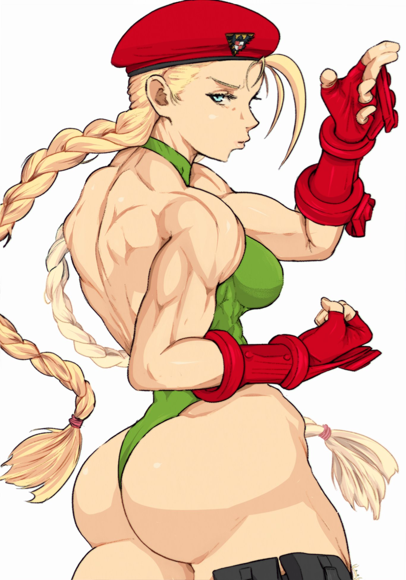 2022, ass, bare shoulders, blonde hair, blue eyes, breasts, cammy white, capcom, female, fingerless gloves, gloves, hat, highleg, highleg leotard, highres, huge ass, large breasts, leotard, long hair, muscular, muscular female, muscular legs, sleeveless, street fighter, tagme, thong leotard, yoracrab