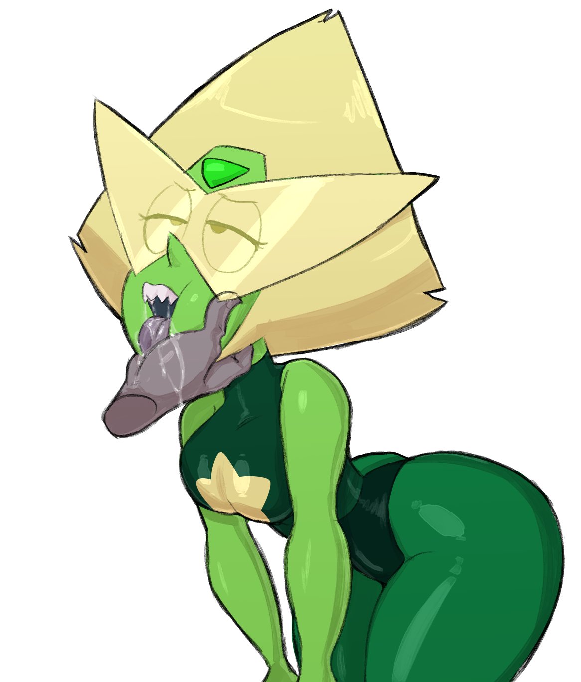1girls, ass, bedroom eyes, big ass, big butt, blonde hair, breasts, cartoon network, clothed, clothing, disembodied hand, drool, drooling, female, female only, fully clothed, gem (species), green body, green skin, guillion (toshkarts), hand on head, hand on mouth, holding head, large ass, looking at partner, looking up, looking up at partner, medium breasts, peridot (steven universe), sharp teeth, skin tight, source request, steven universe, tongue, tongue out, visor, white background