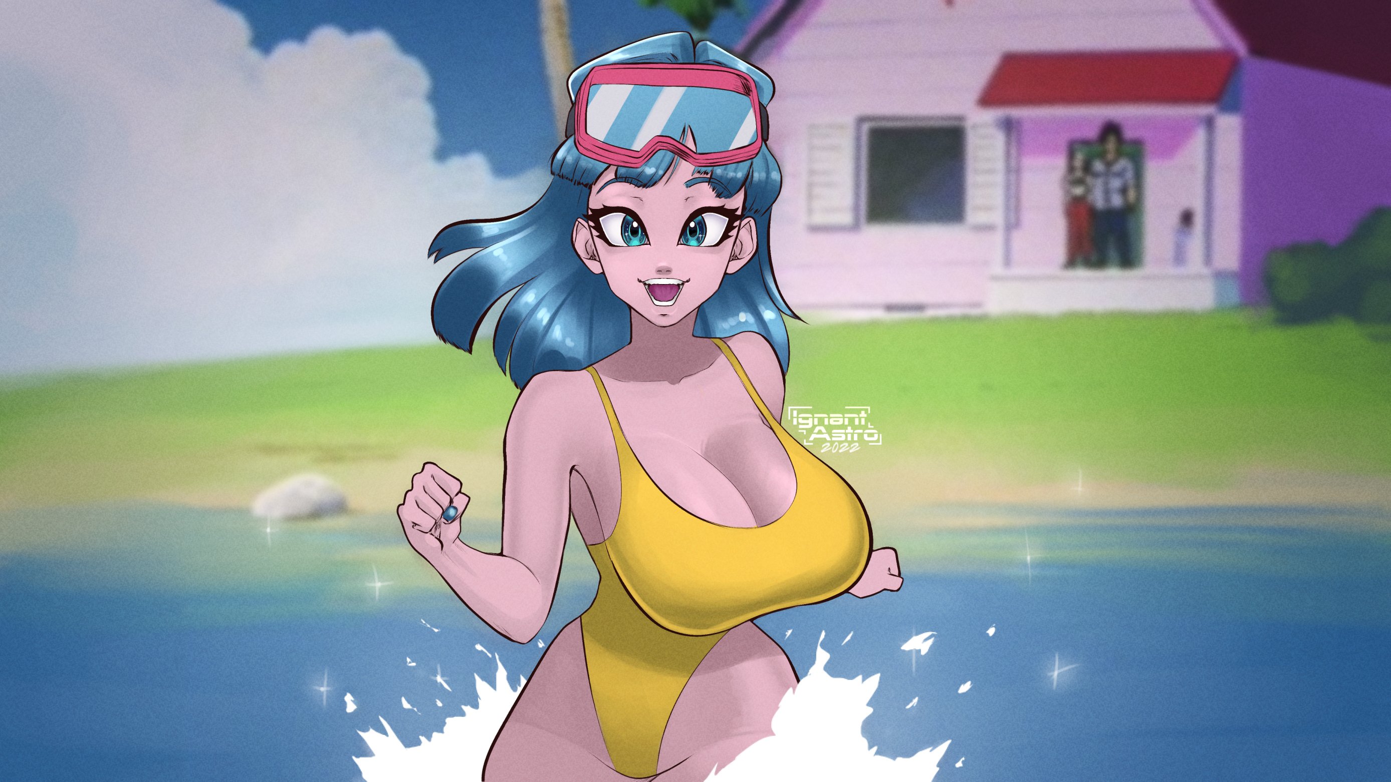 1girls, big breasts, blue eyes, blue hair, bouncing breasts, breasts, canonical scene, dragon ball, dragon ball z, eye contact, female, female focus, happy, huge breasts, ignantastro, light skin, long hair, looking at viewer, maron, solo focus, swimsuit, thick thighs, thighs, voluptuous, wide hips