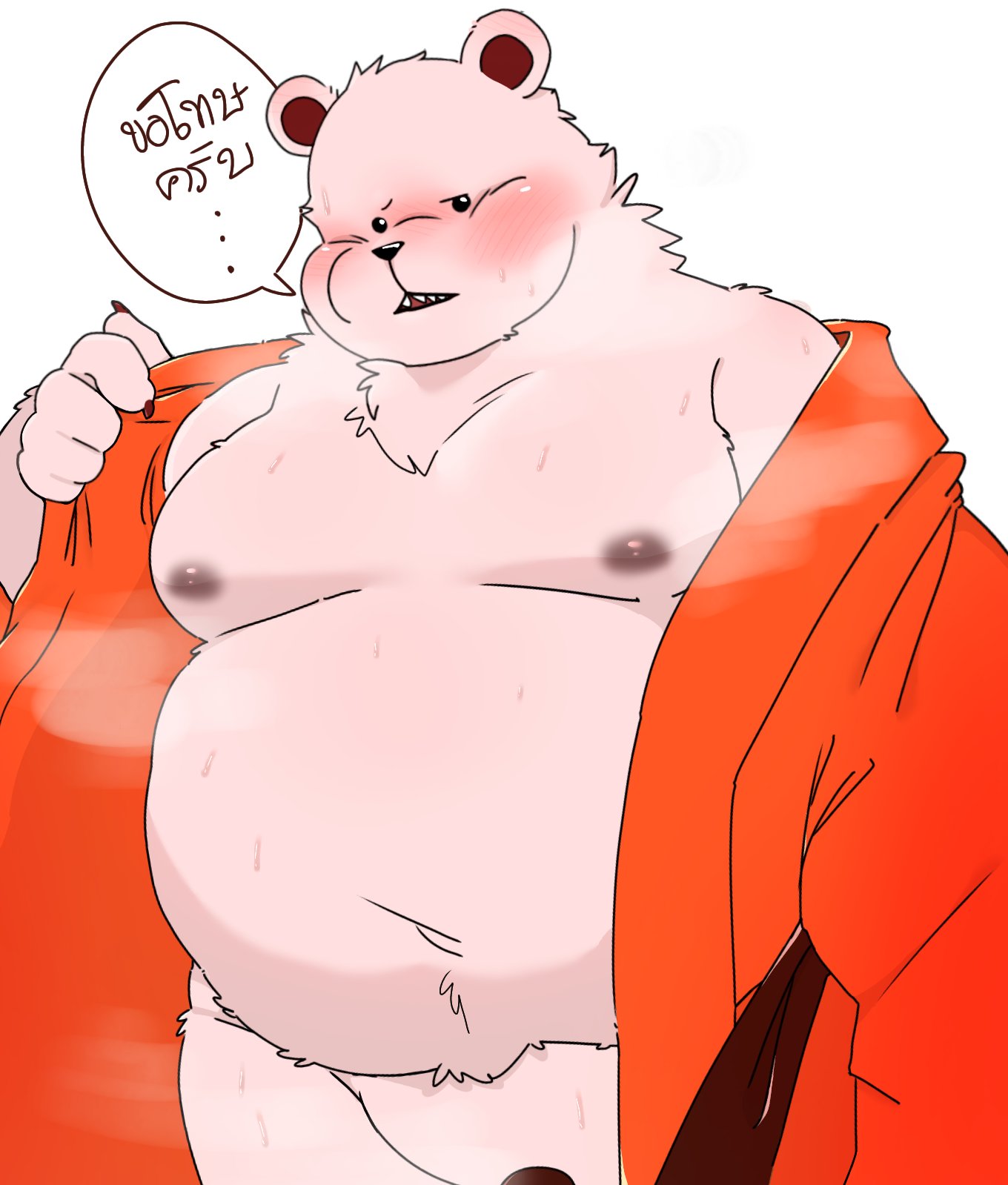 2022 anthro belly bepo big_belly black_nose blush bodily_fluids clothing dialogue dragon_night800 genitals hi_res kemono male male_only mammal minkmen_(one_piece) moobs musk navel nipples one_piece overweight overweight_male penis polar_bear solo sweat text translation_request undressing ursid ursine