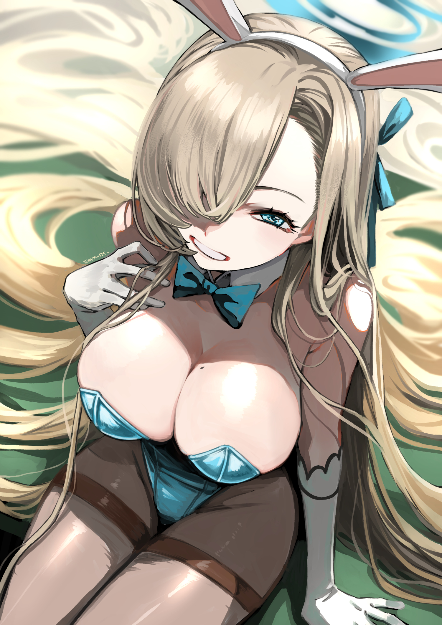 1girls, absurdly long hair, animal ear hairband, animal ears, arm at side, arm support, armpit crease, artist name, asuna (blue archive), asuna (bunny) (blue archive), blonde hair, blue archive, blue bow, blue bowtie, blue eyes, blue halo, blue leotard, bow, bowtie, breasts, brown pantyhose, bunnysuit, cleavage, collar, commentary, cowboy shot, detached collar, elbow gloves, english commentary, eudetenis, eyelashes, fake animal ears, female, from above, gloves, grin, hair over one eye, hair over shoulder, hair spread out, hairband, half-closed eyes, halo, hand in own hair, hand up, highres, human, human female, large breasts, leotard, light-skinned female, long bangs, long hair, long sidelocks, looking at viewer, looking up, mole, mole on breast, one eye covered, pantyhose, rabbit ear hairband, rabbit ears, sidelocks, sitting, slim waist, smile, solo, teenager, very long hair, very long sidelocks, white collar, white gloves, white hairband, wide hips