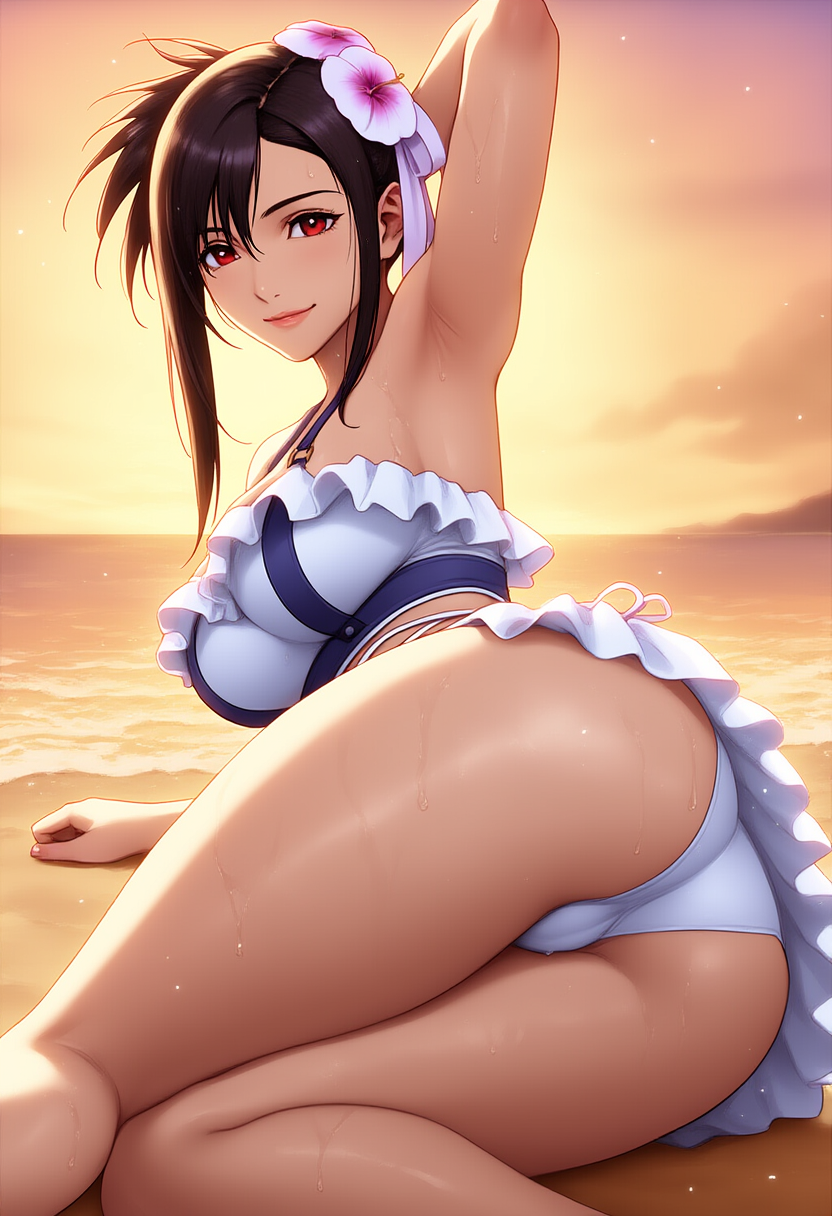 ai_generated arm_behind_head armpits ass ass_focus beach bikini brown_hair evening facing_away female final_fantasy_vii legs_together looking_at_viewer on_side sand smile tifa_lockhart wet