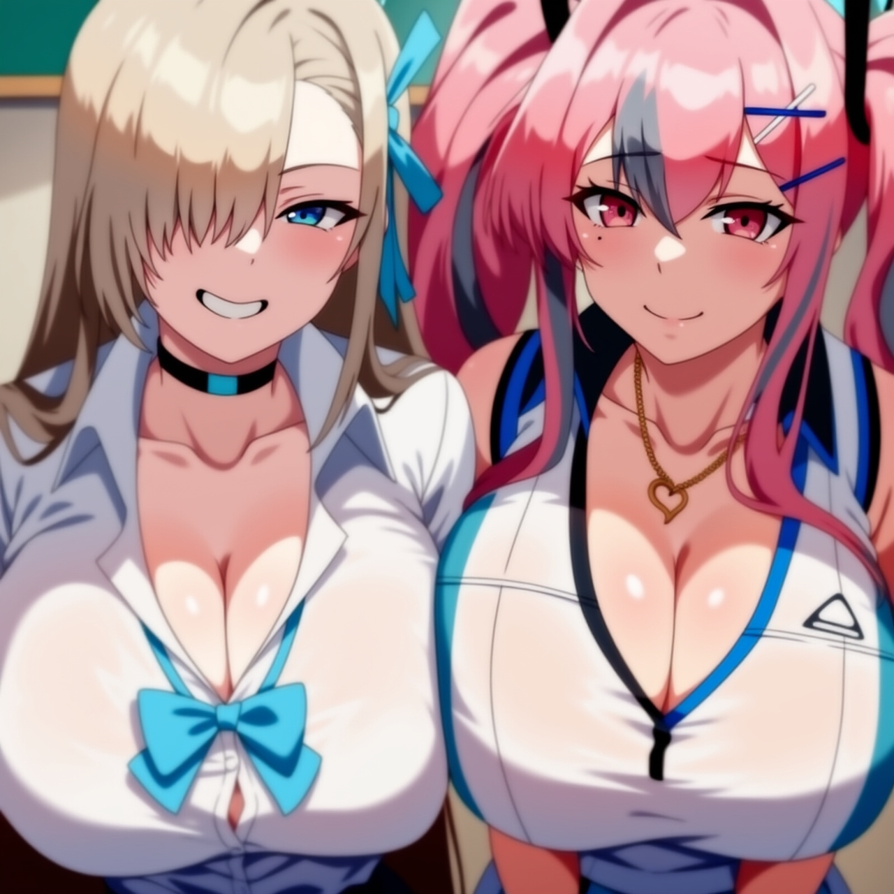 2girls, ai generated, asuna (blue archive), azur lane, blonde hair, blue archive, blue eyes, blush, breasts, bremerton (azur lane), bremerton (scorching-hot training) (azur lane), cleavage, crossover, female, grin, large breasts, looking at viewer, pink eyes, pink hair, pressing breasts together, smile