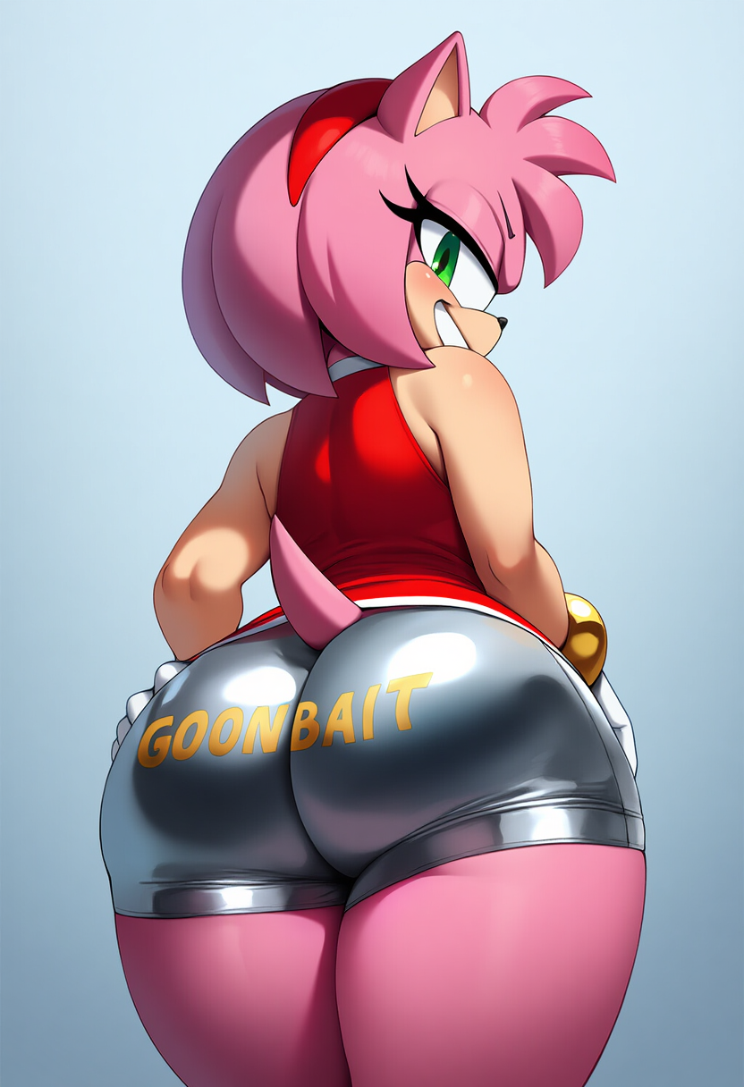 ai_generated amy_rose anthro ass ass_focus female female_only fur furry grin hot_pants looking_back low-angle_view novelai sega short_shorts shorts sonic_(series) sonic_the_hedgehog_(series) text_on_clothing that_guy9001 thick_thighs wide_hips