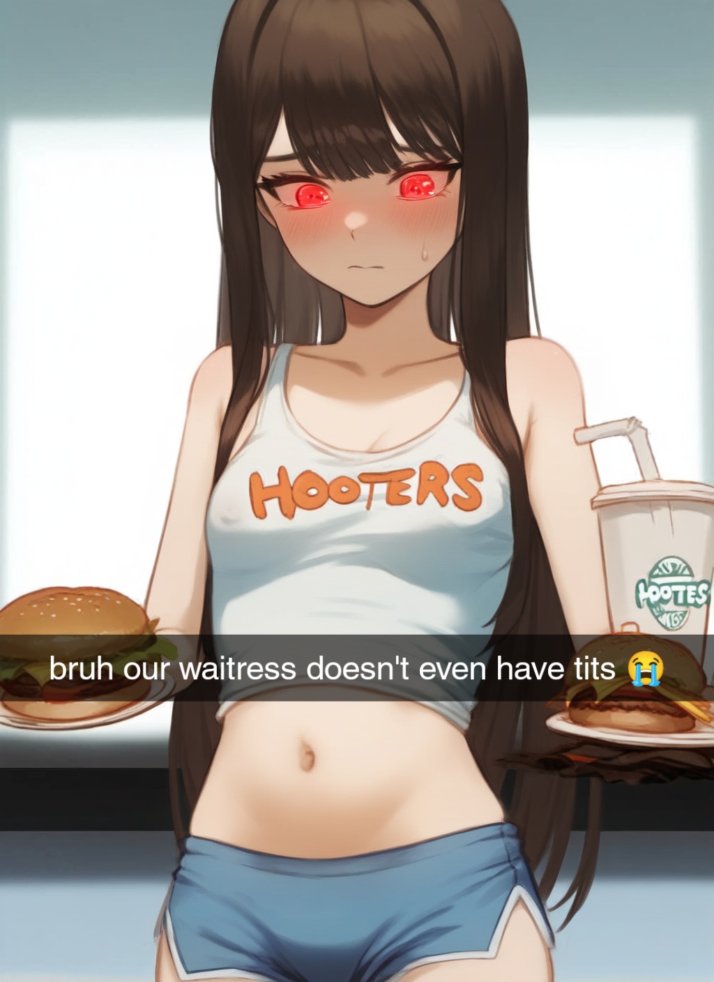 ai_generated brown_hair gym_shorts hooters hooters_uniform long_hair medium_breasts midriff original_character short_shorts small_breast_humiliation snapchat tagme tank_top waitress