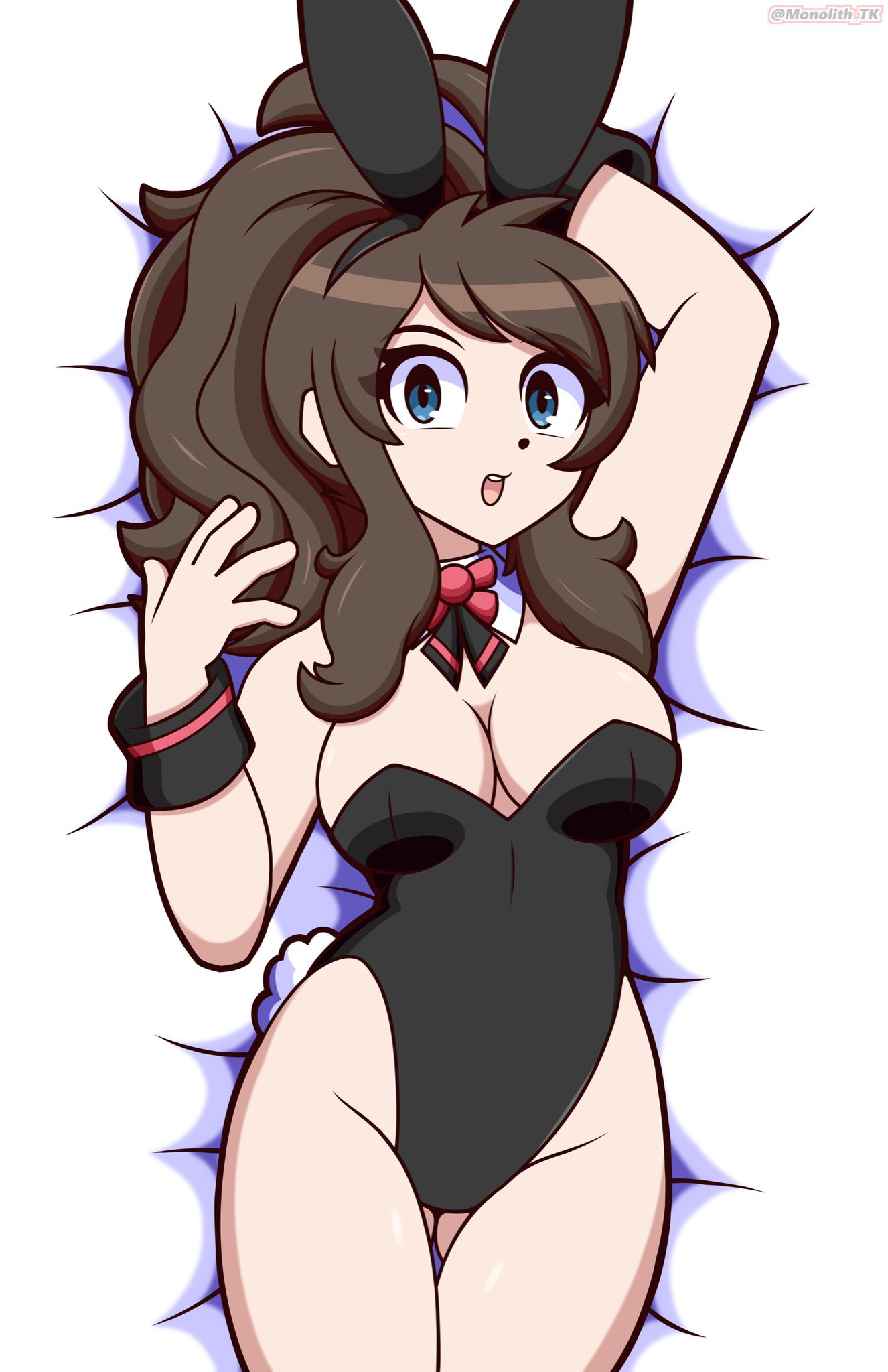 ass big_ass big_breasts blue_eyes breasts brown_hair bunny_ears bunnysuit female female_only hilda_(pokemon) long_hair monolith_tk nintendo pokemon pokemon_bw tagme