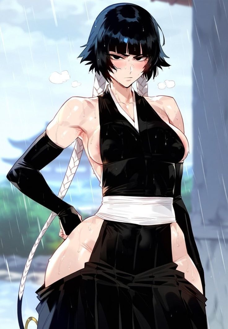 ai generated, asian, black hair, bleach, bleach: the thousand-year blood war, soifon, standing, steam, straight, sui-feng, thick thighs