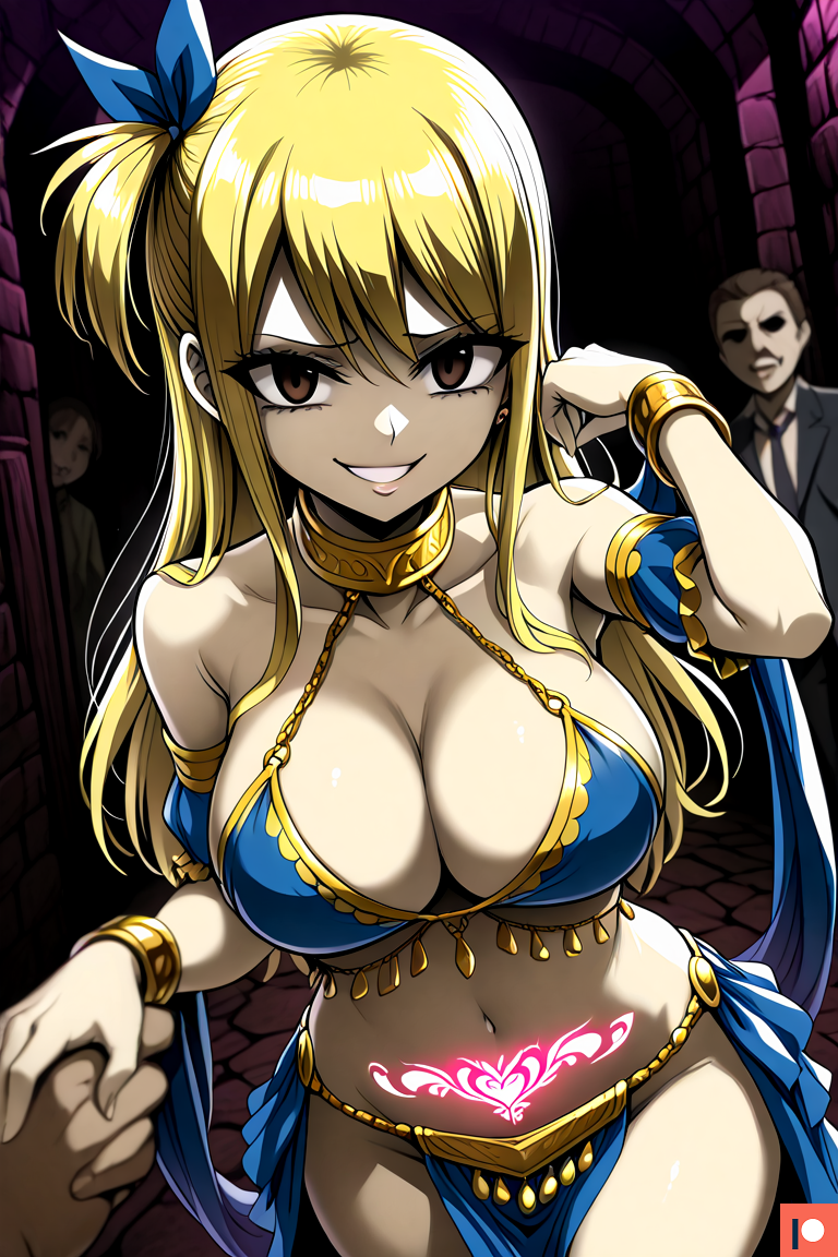 1boy 1girls ai_generated big_breasts blonde_hair brown_eyes corruption dancer dungeon evil evil_grin evil_smile fairy_tail female long_hair looking_at_viewer lucy_heartfilia omega_weirdo pov pubic_tattoo ribbon side_ponytail