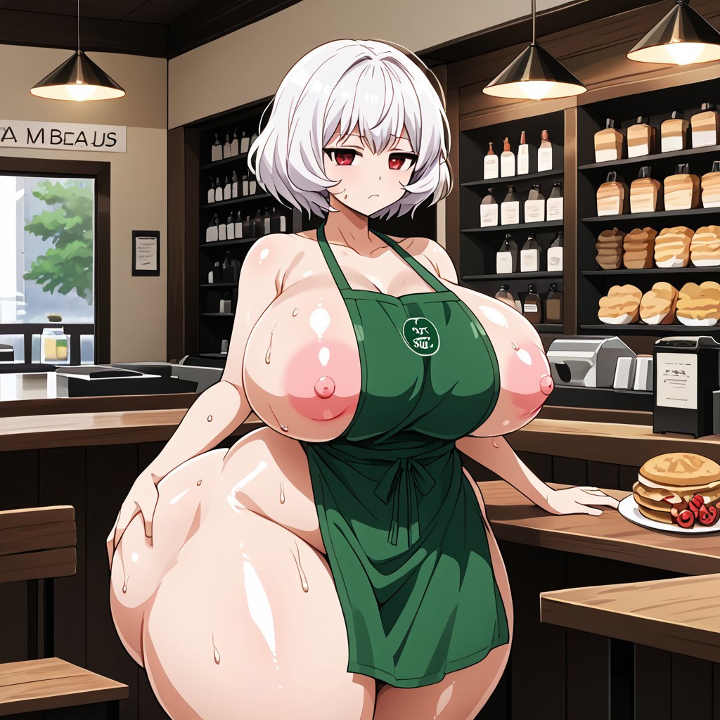 ai_generated annoyed annoyed_expression barista huge_ass huge_breasts huge_nipples oil oiled oiled_skin shiny_skin white_hair