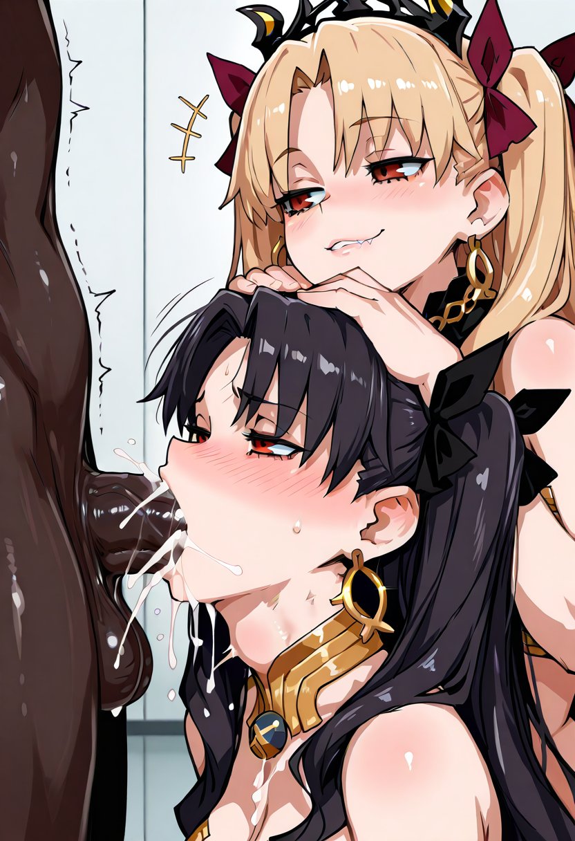 1boy 2girls ai_generated black_hair blonde_hair blowjob dark-skinned_male dark_skin ereshkigal_(fate) fate/grand_order fate_(series) female interracial ishtar_(fate) light-skinned_female light_skin long_hair male oral oral_sex red_eyes uncensored