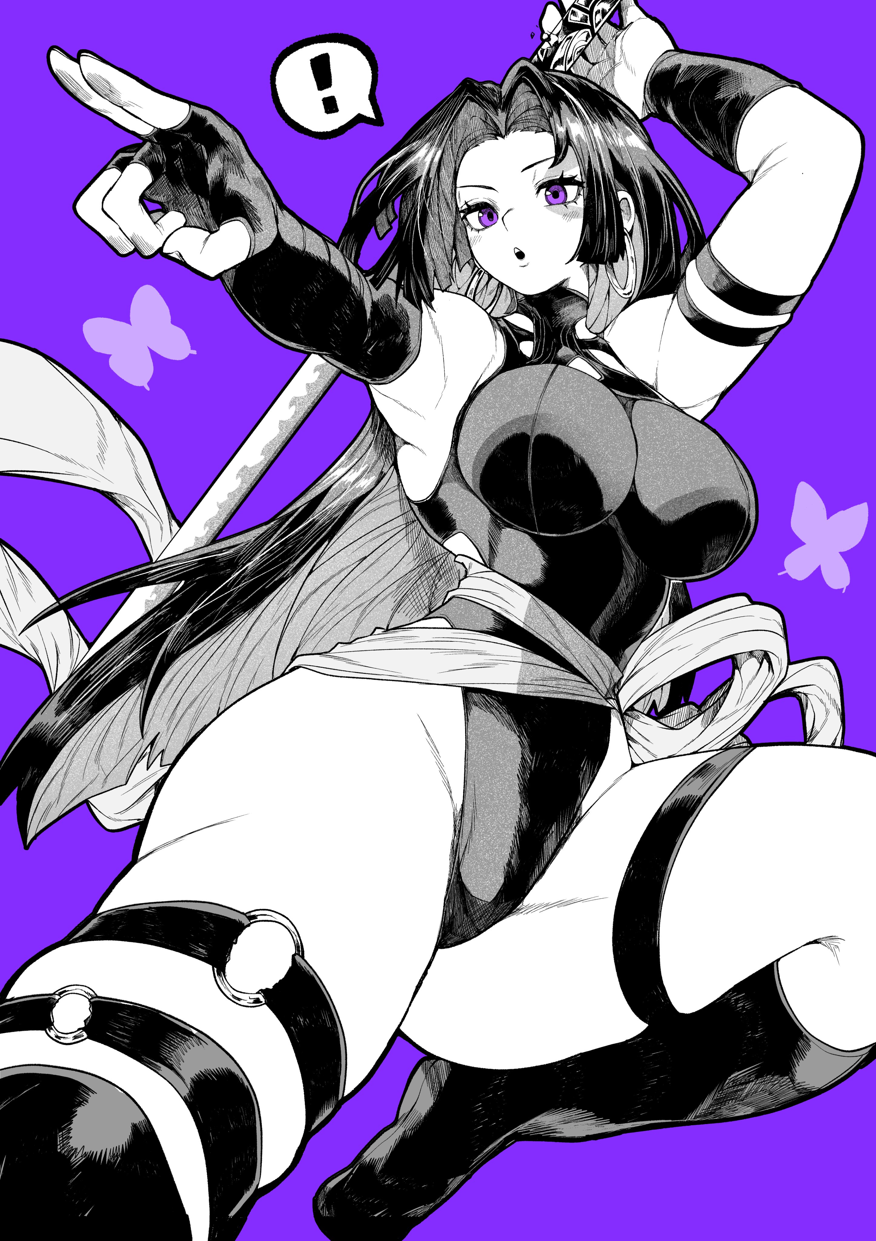 1girls, anime style, armpits, arms up, bodysuit, boots, breasts, female, female focus, female only, heroine, hips, leotard, long hair, marvel, marvel comics, open mouth, psylocke, psylocke (sai) (vengeance), purple background, purple eyes, thick thighs, thigh strap, thighs, tight clothing, tight fit, wide hips, x-men, yotsumi shiro