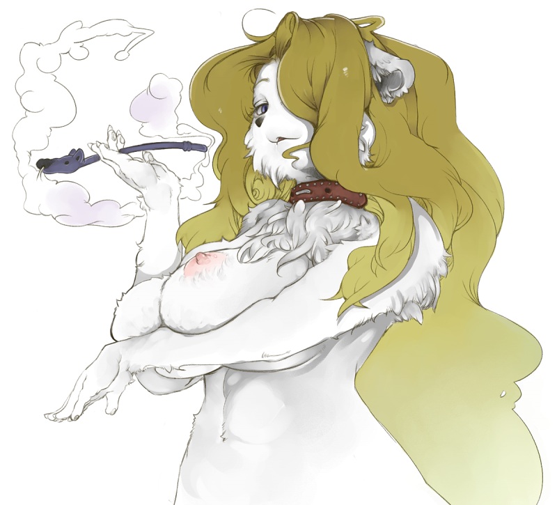 female big_breasts breasts collar female fluffy furry huge_breasts long_hair nipples nude pipe pipe_smoking portrait sindoll smoke smoking solo tobacco_pipe